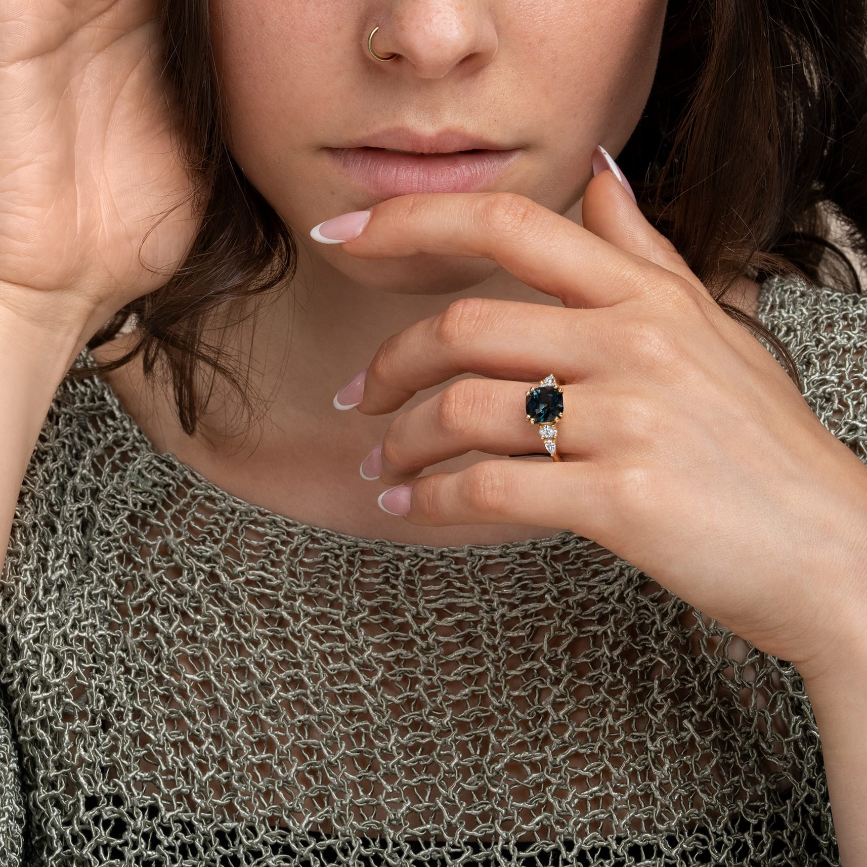Cushion teal sapphire and diamond ring — 2