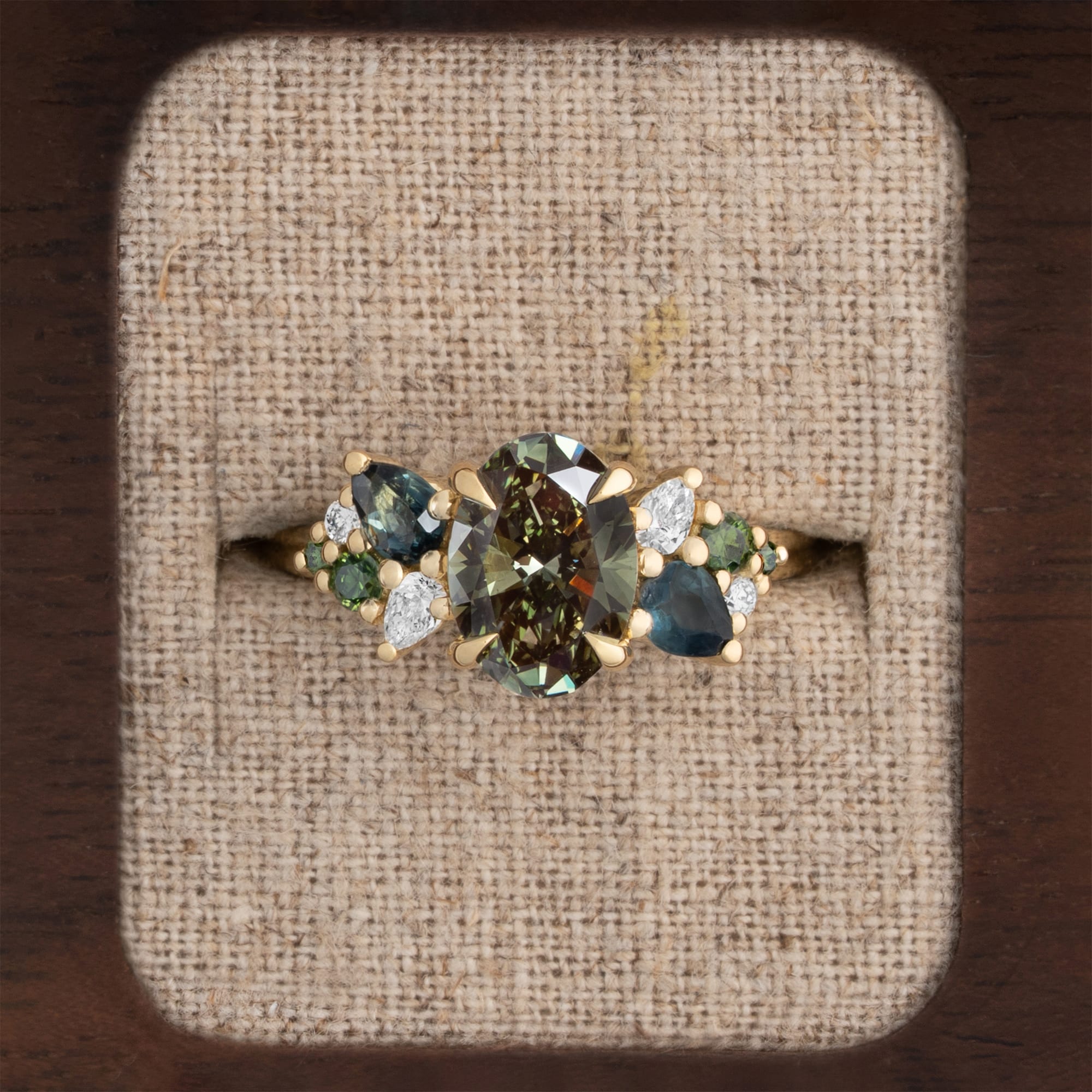 'Wildflower' Green diamond, sapphire and diamond ring