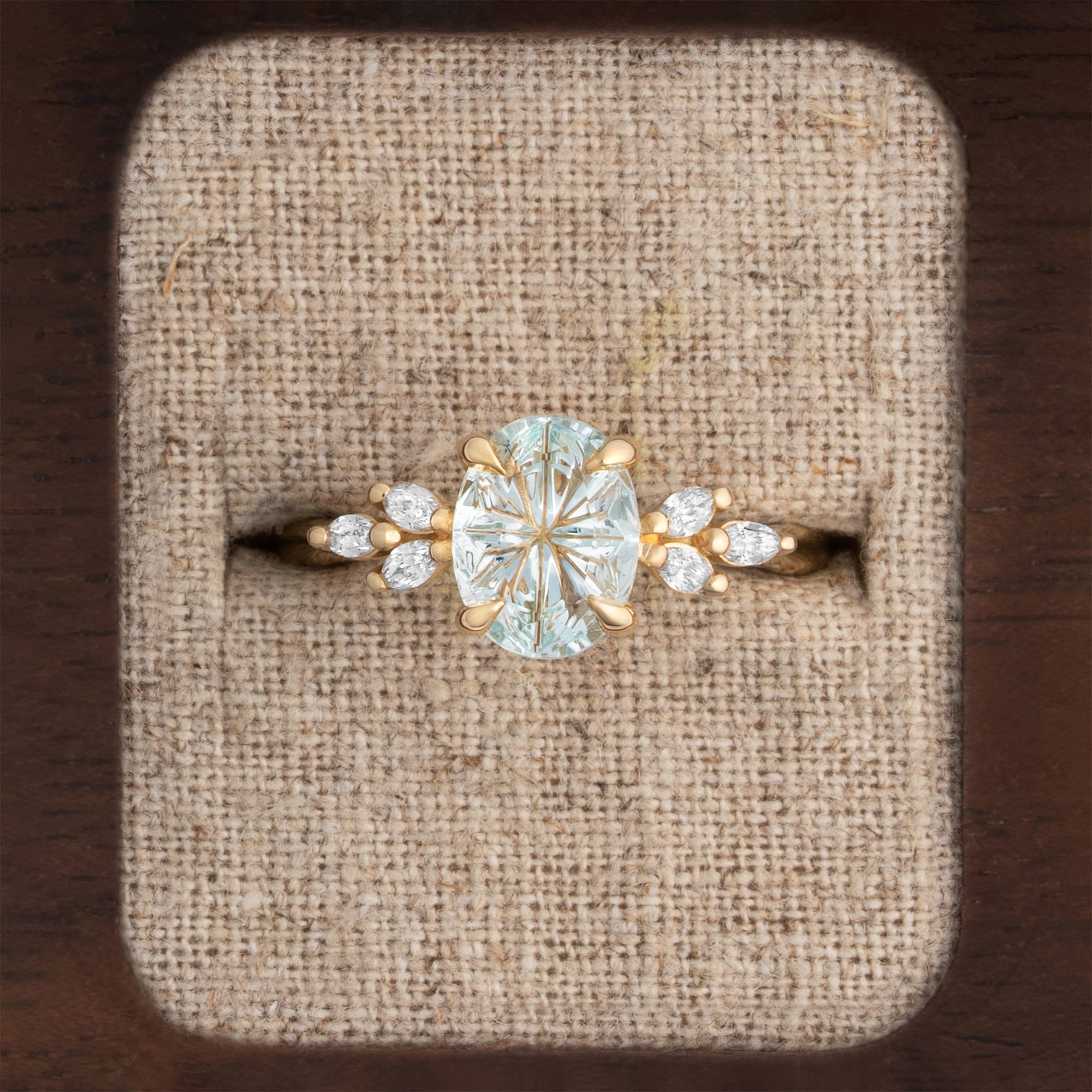 Fantasy cut icy aquamarine and diamond ring