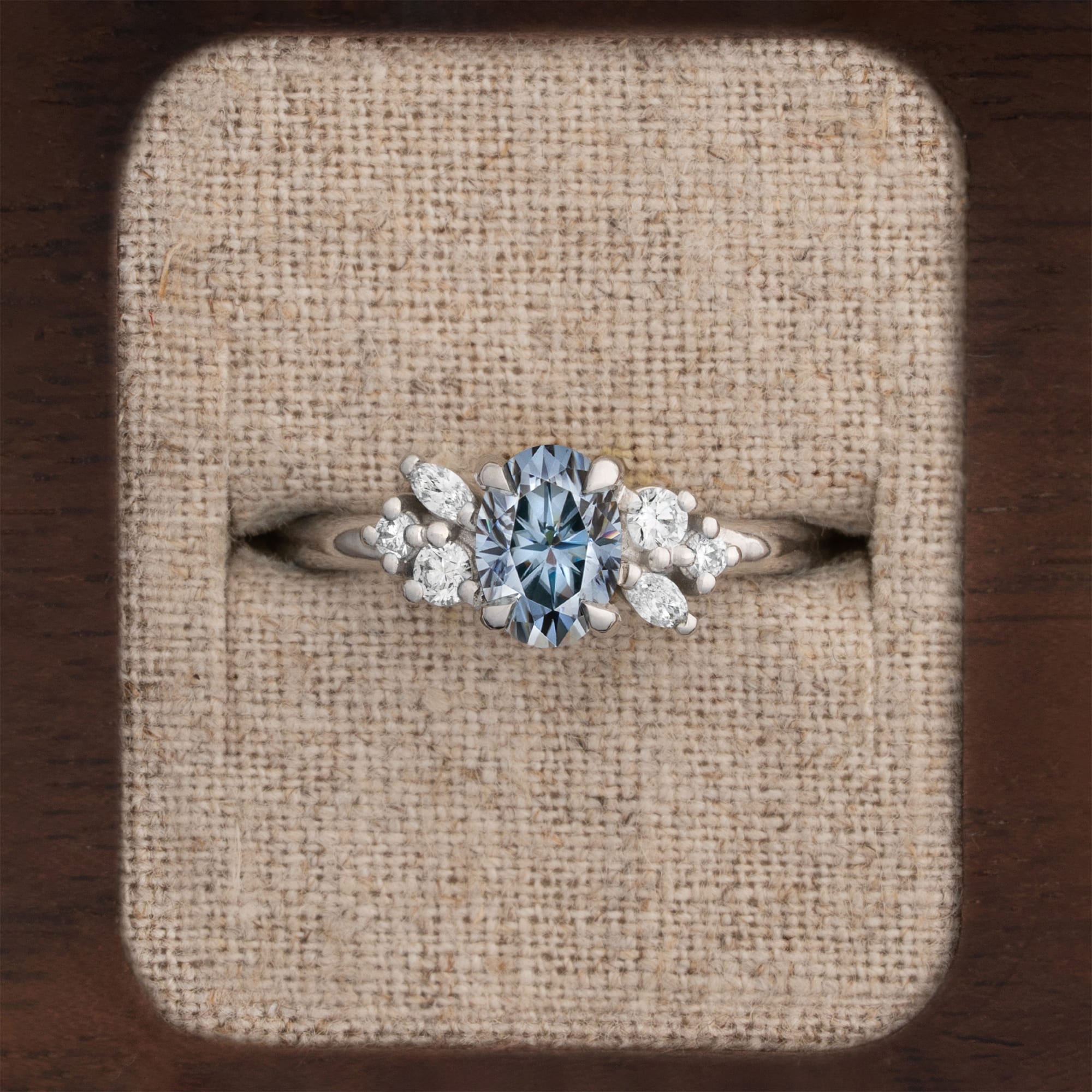 Grey moissanite and diamond cluster ring