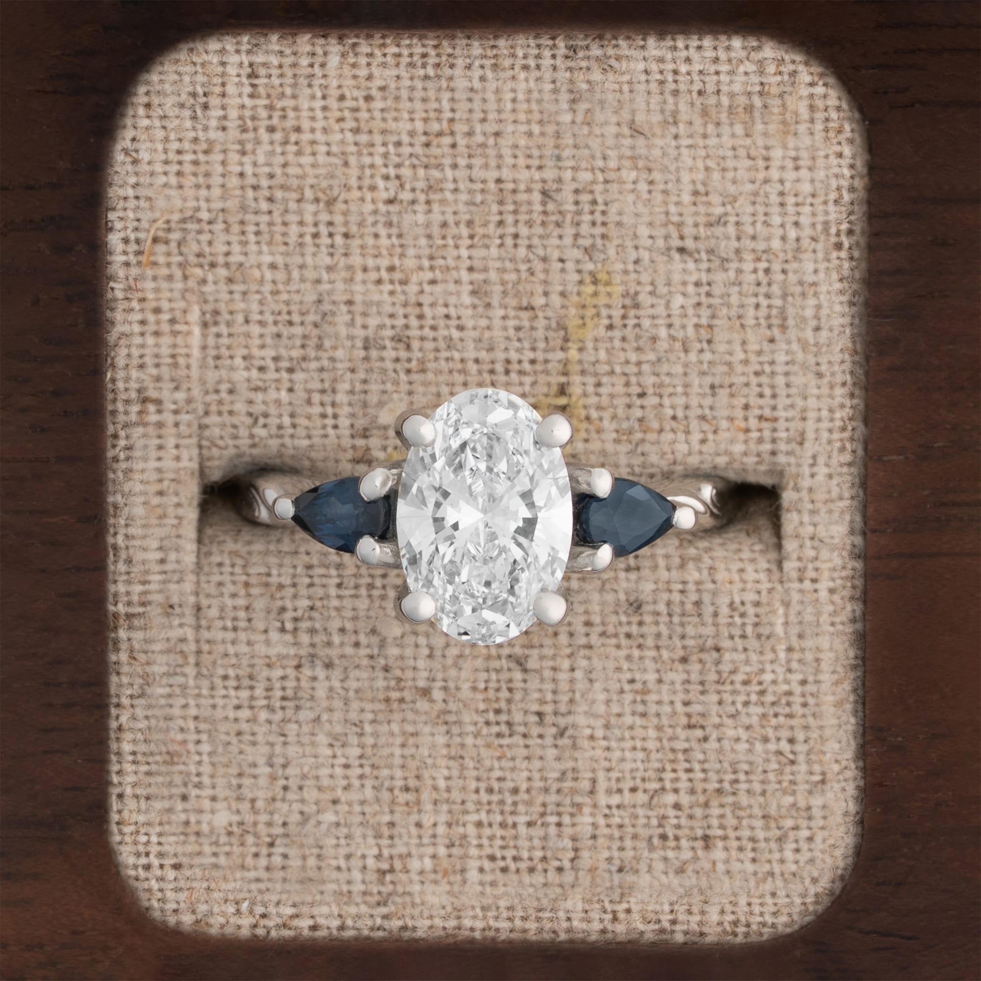 Oval lab grown diamond and sapphire  ring handmade in platinum