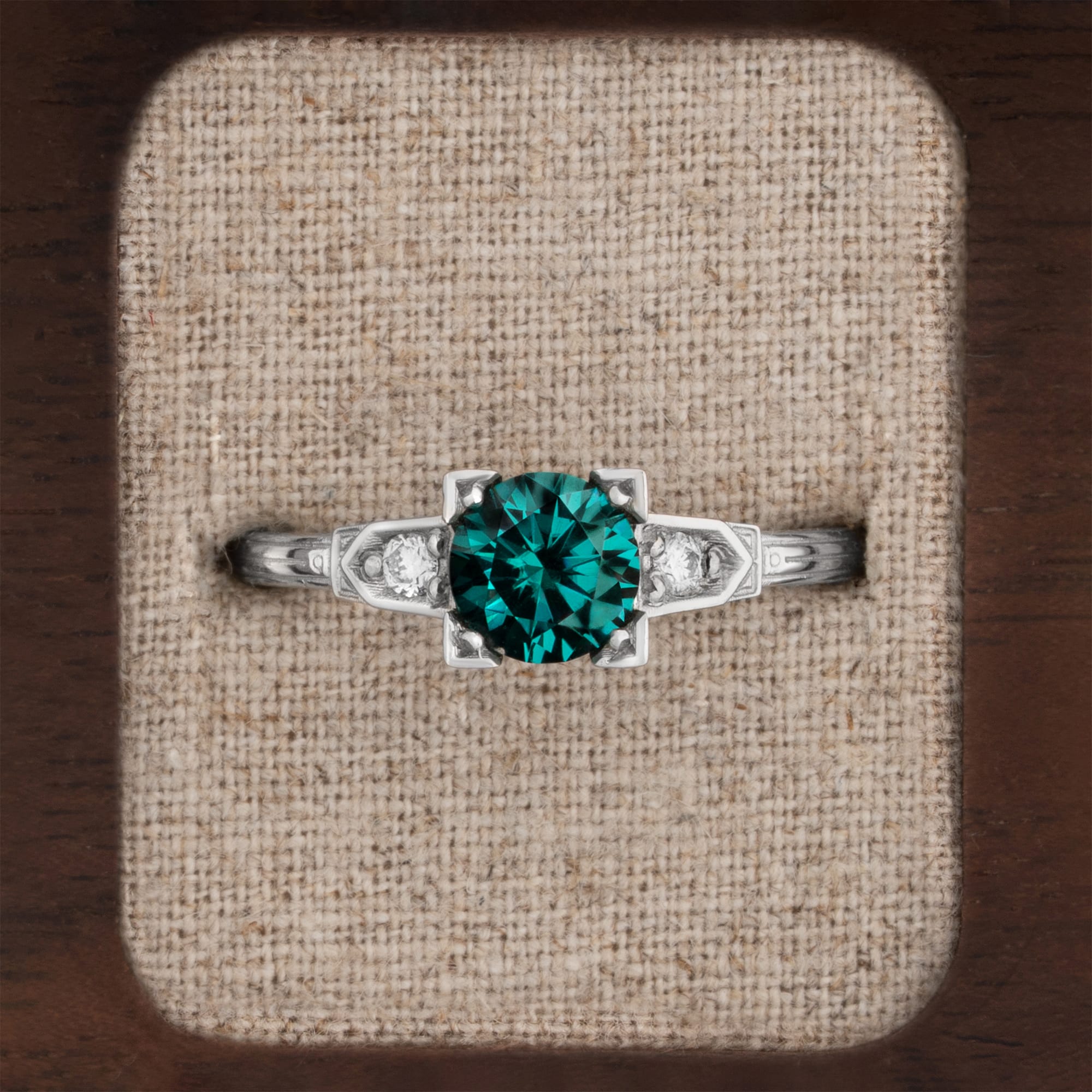 Teal green moissanite and diamond engagement ring — 1
