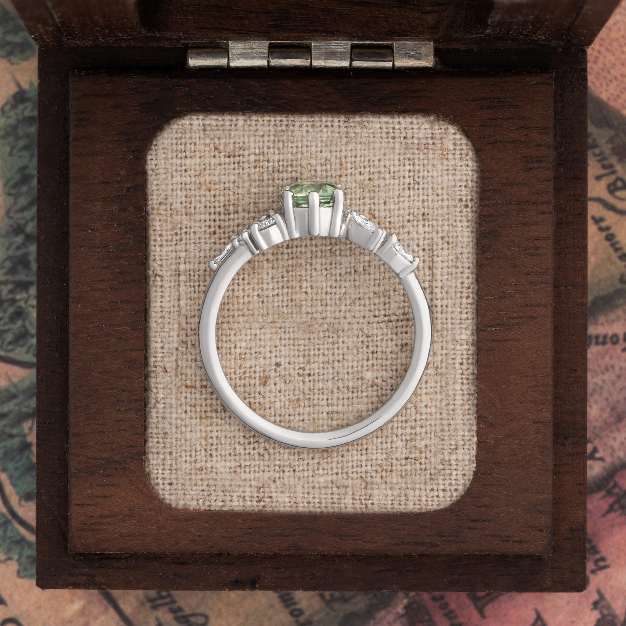 Lab grown seafoam green sapphire and diamond ring — 4