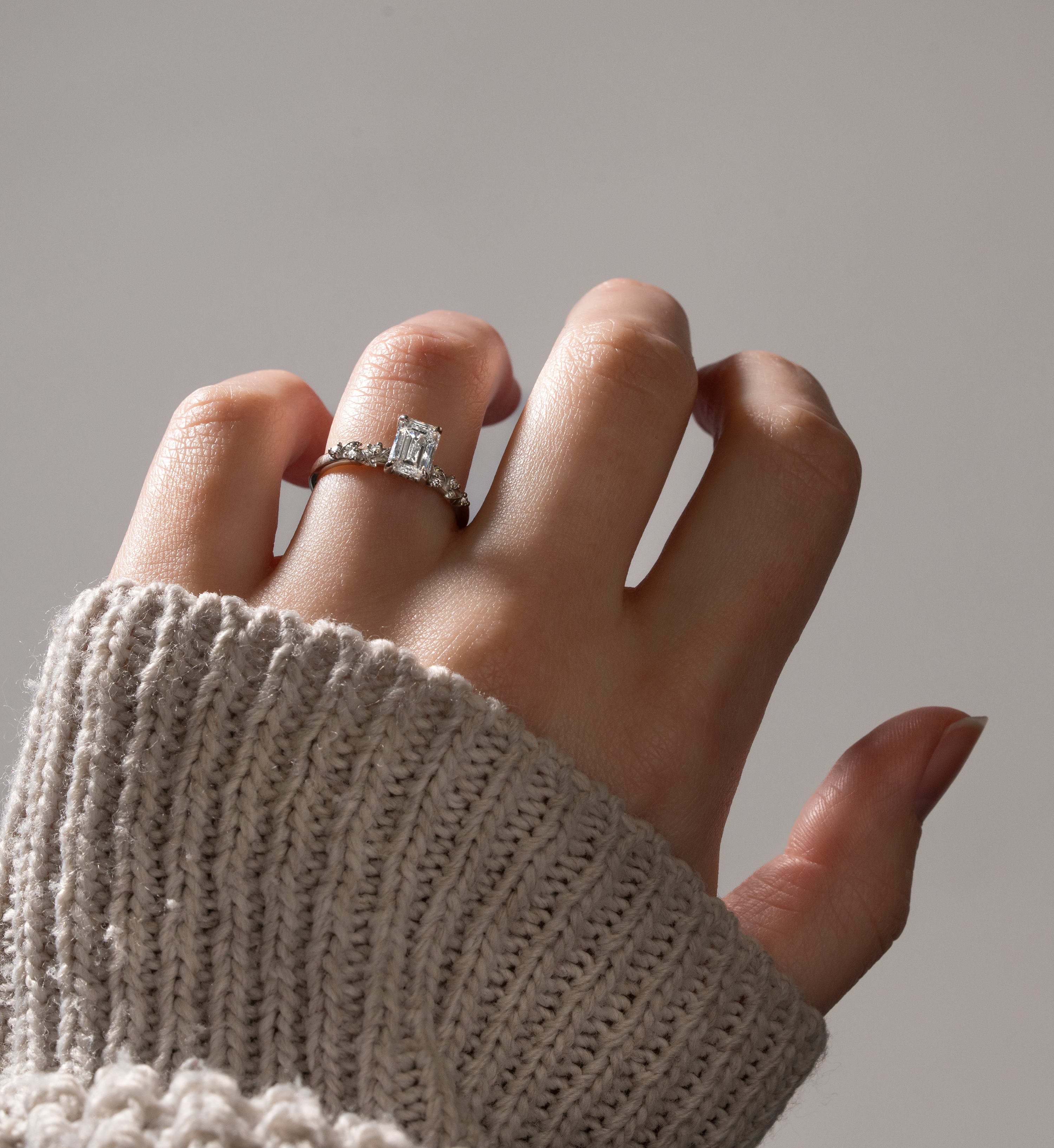 Emerald cut diamond nature inspired ring