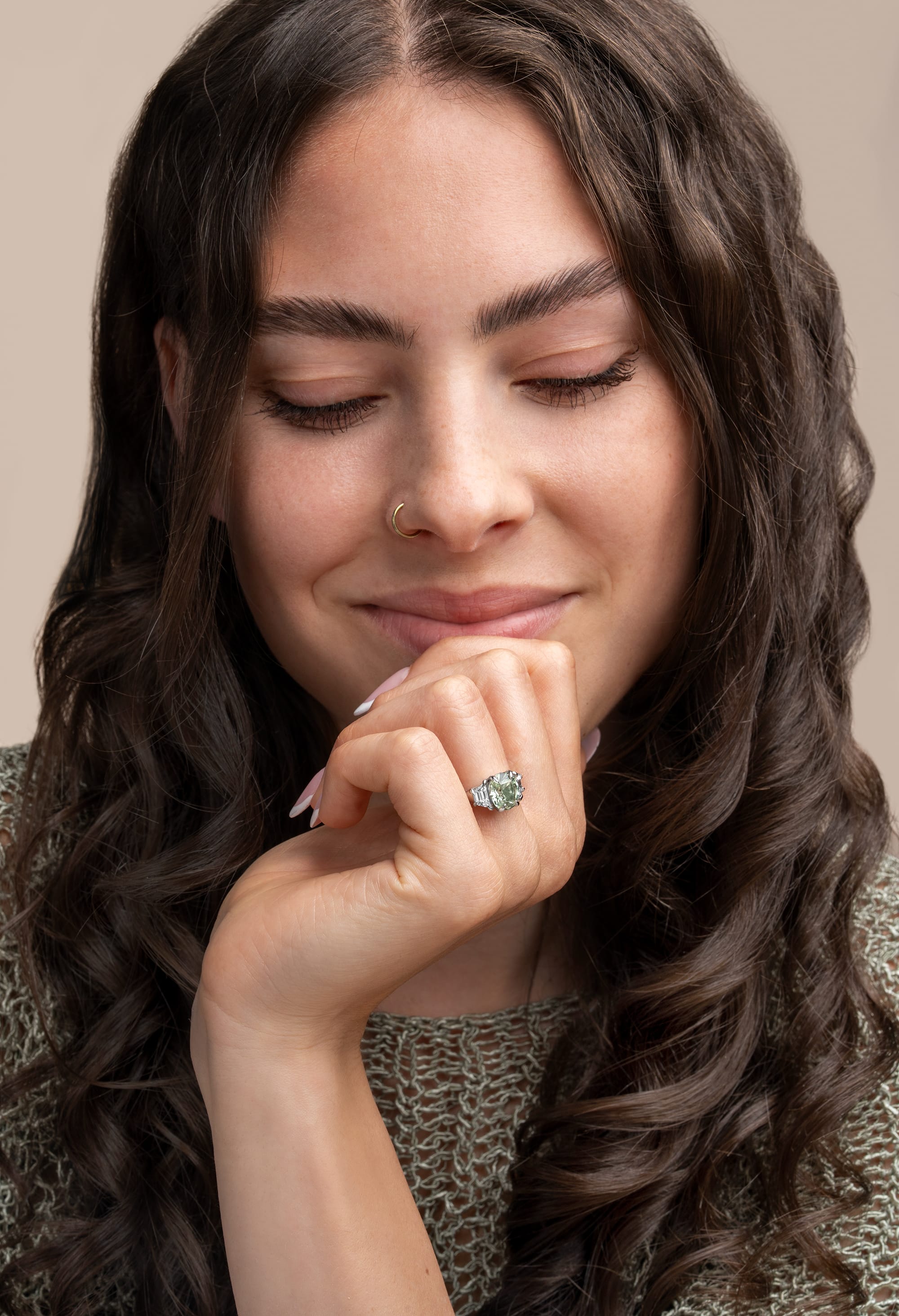 Mint tourmaline and trapzoid lab diamond ring — 2