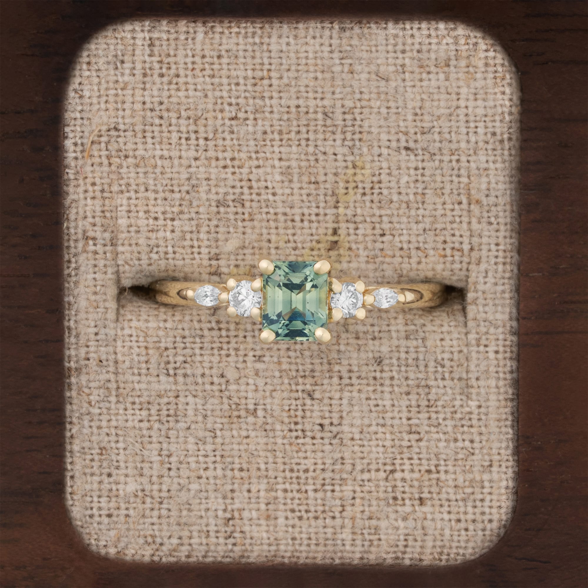 Octagon teal sapphire and diamond ring 