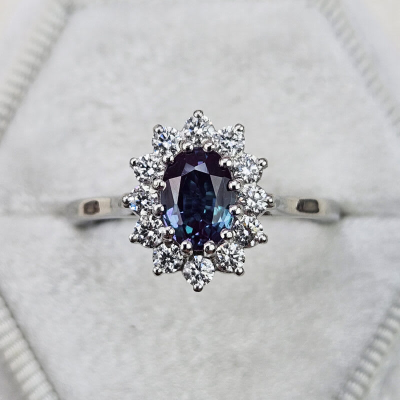 Oval alexandrite and lab diamond cluster ring product image