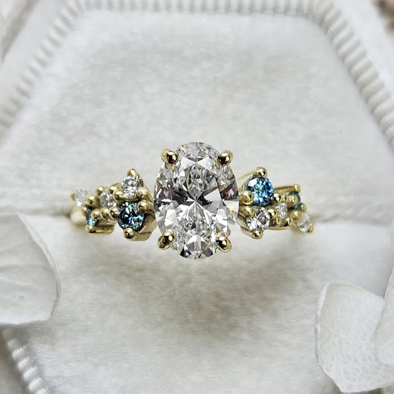 Oval lab grown diamond floral ring in 14ct yellow gold product image