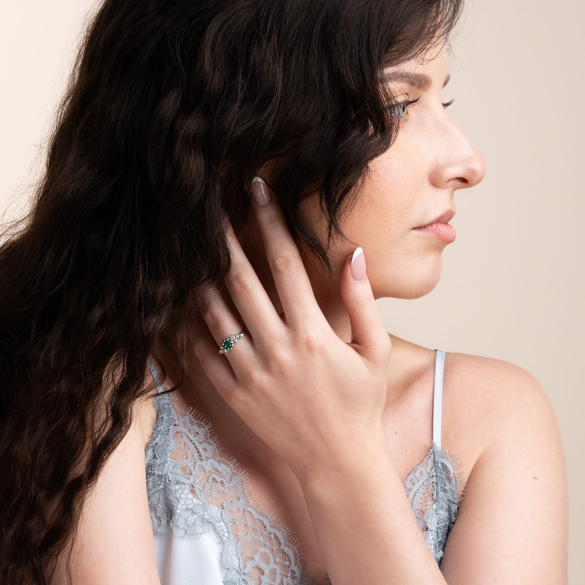 Round teal green moissanite and diamond cluster ring - alternate view
