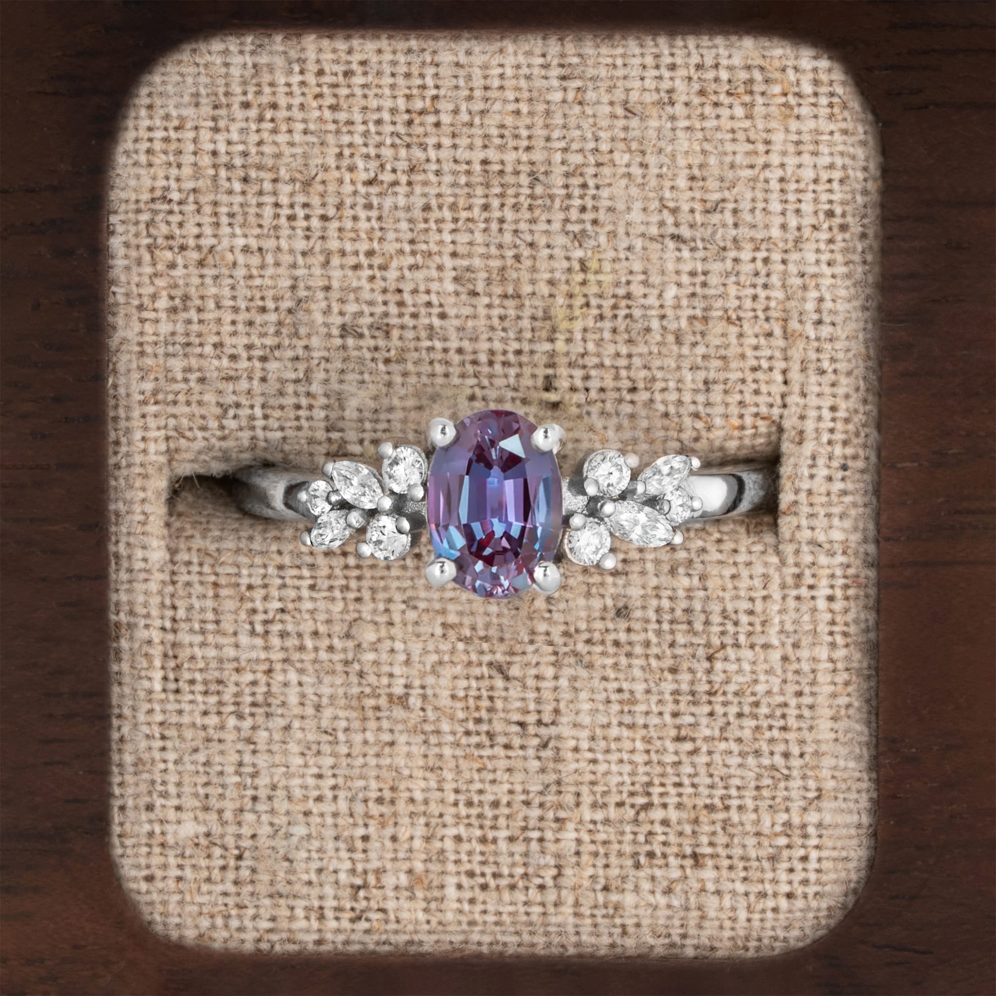 Lab grown alexandrite and diamond floral ring