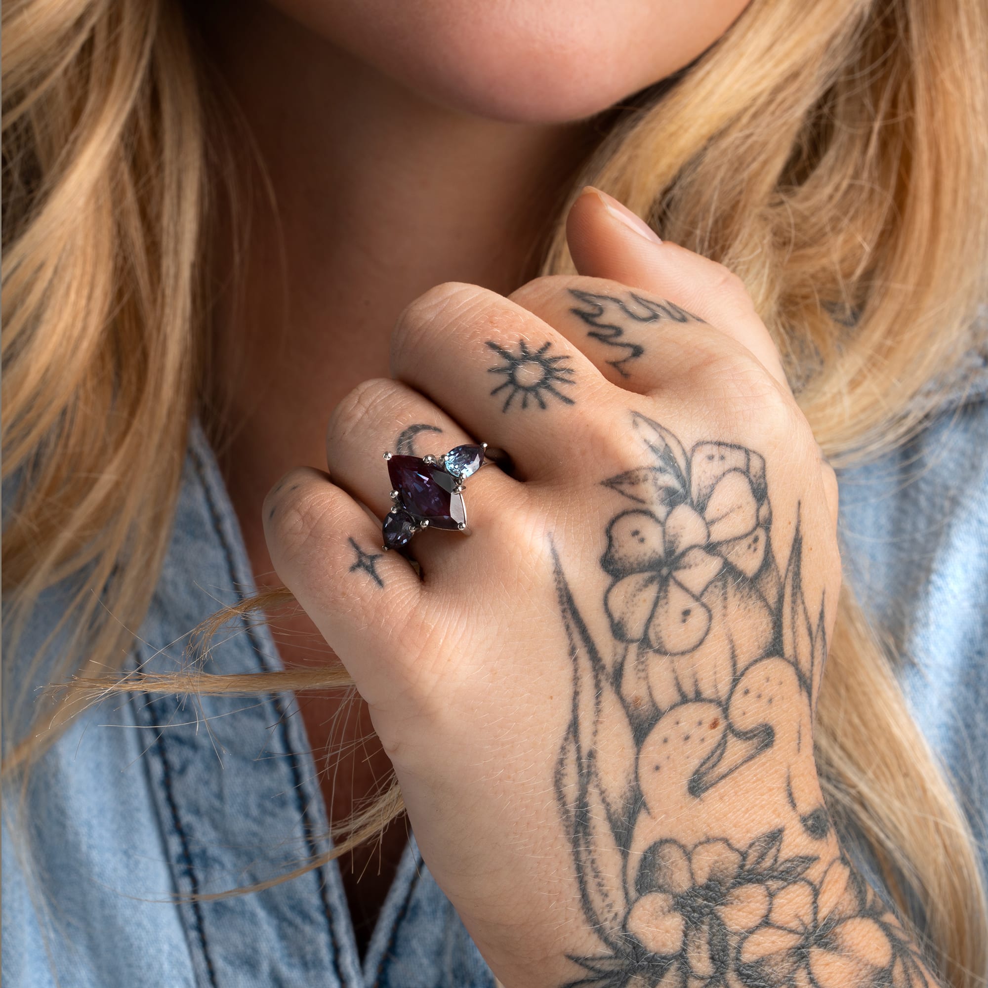 Alexandrite marquise trilogy ring — 2