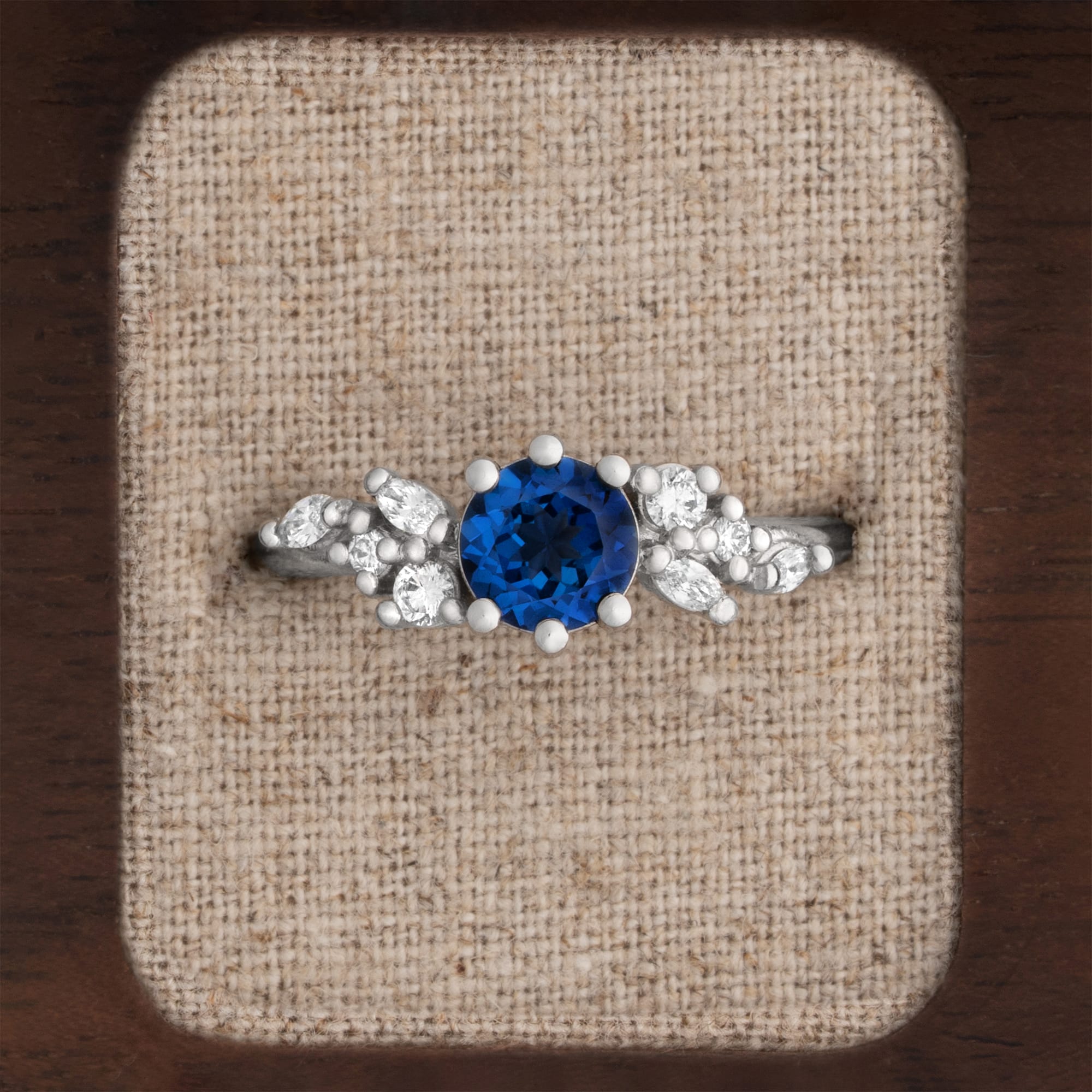 Lab grown blue sapphire and diamond floral ring — 1