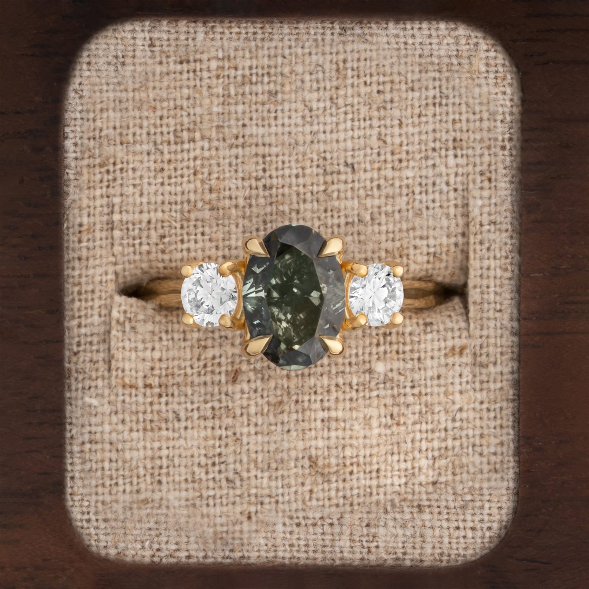 Smoky green diamond trilogy ring 