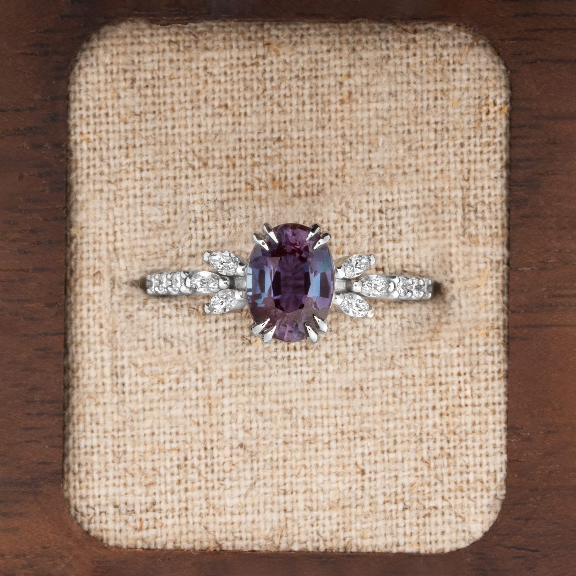 Lab grown alexandrite and diamond floral ring in platinum product image