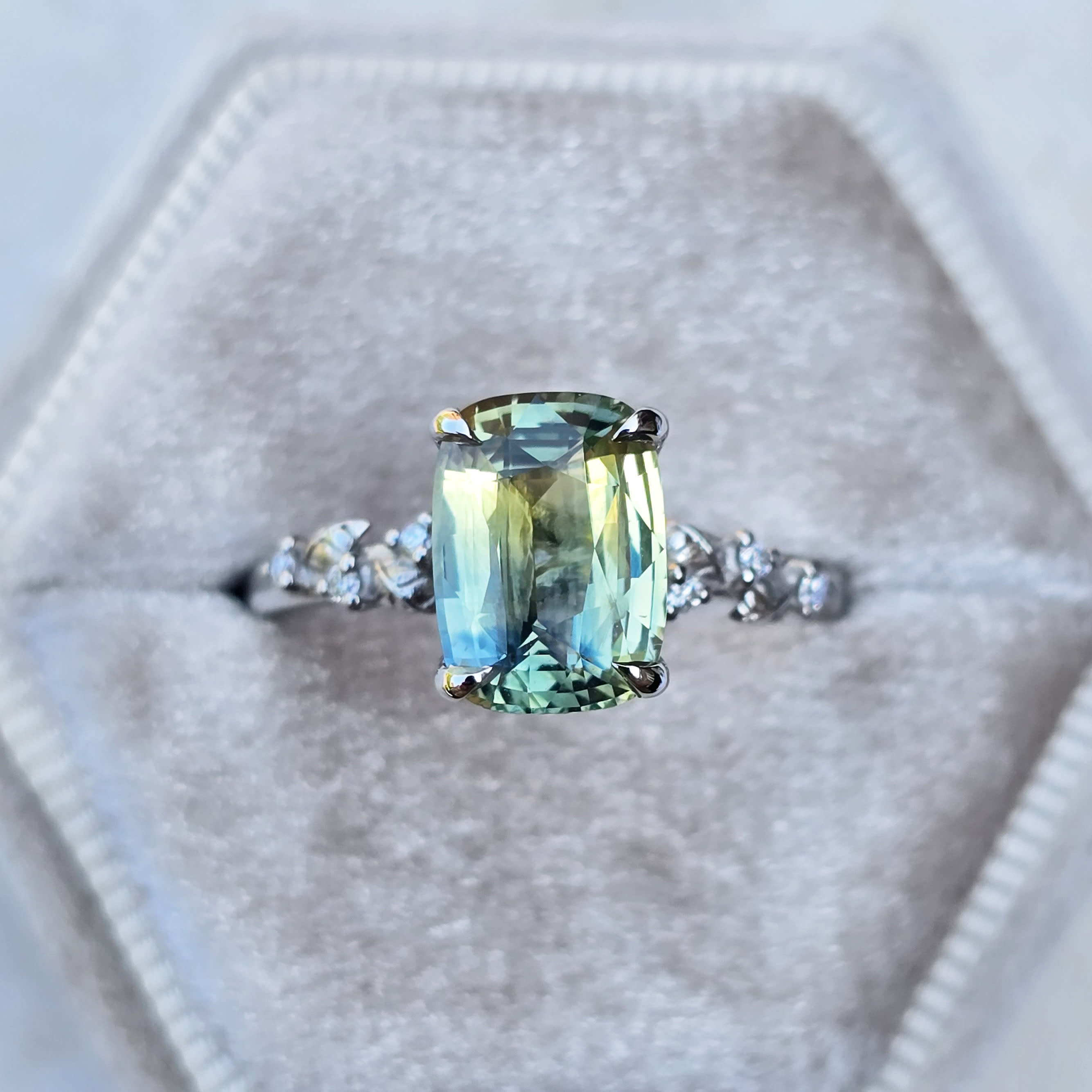 Cushion parti sapphire and diamond floral ring product image