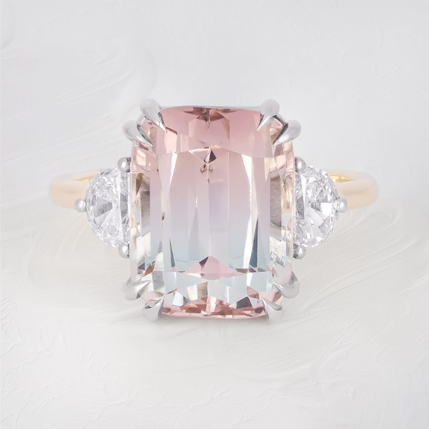 Bi colour cushion cut tourmaline and half moon diamond ring product image