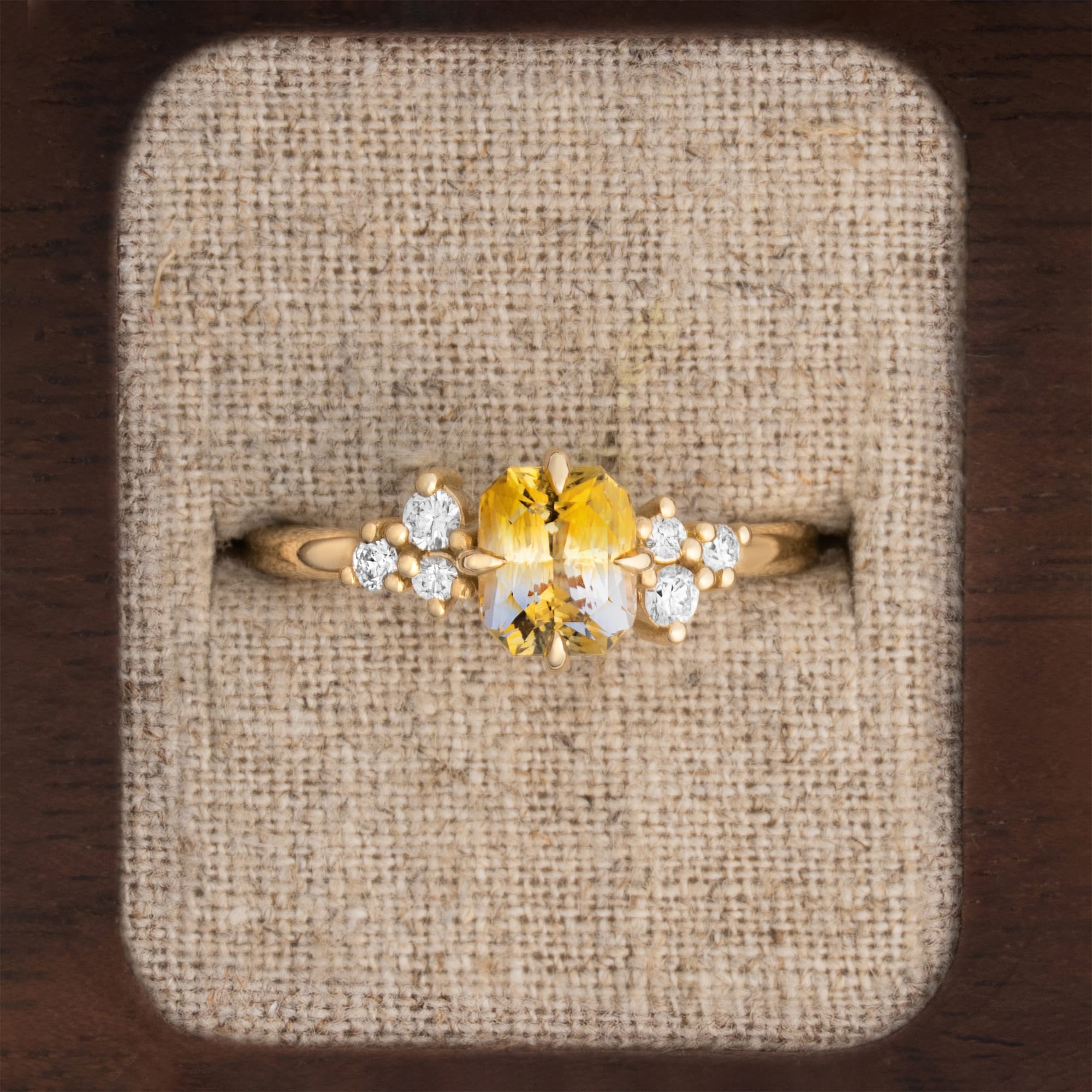 Bi colour yellow and white sapphire and diamond cluster ring
