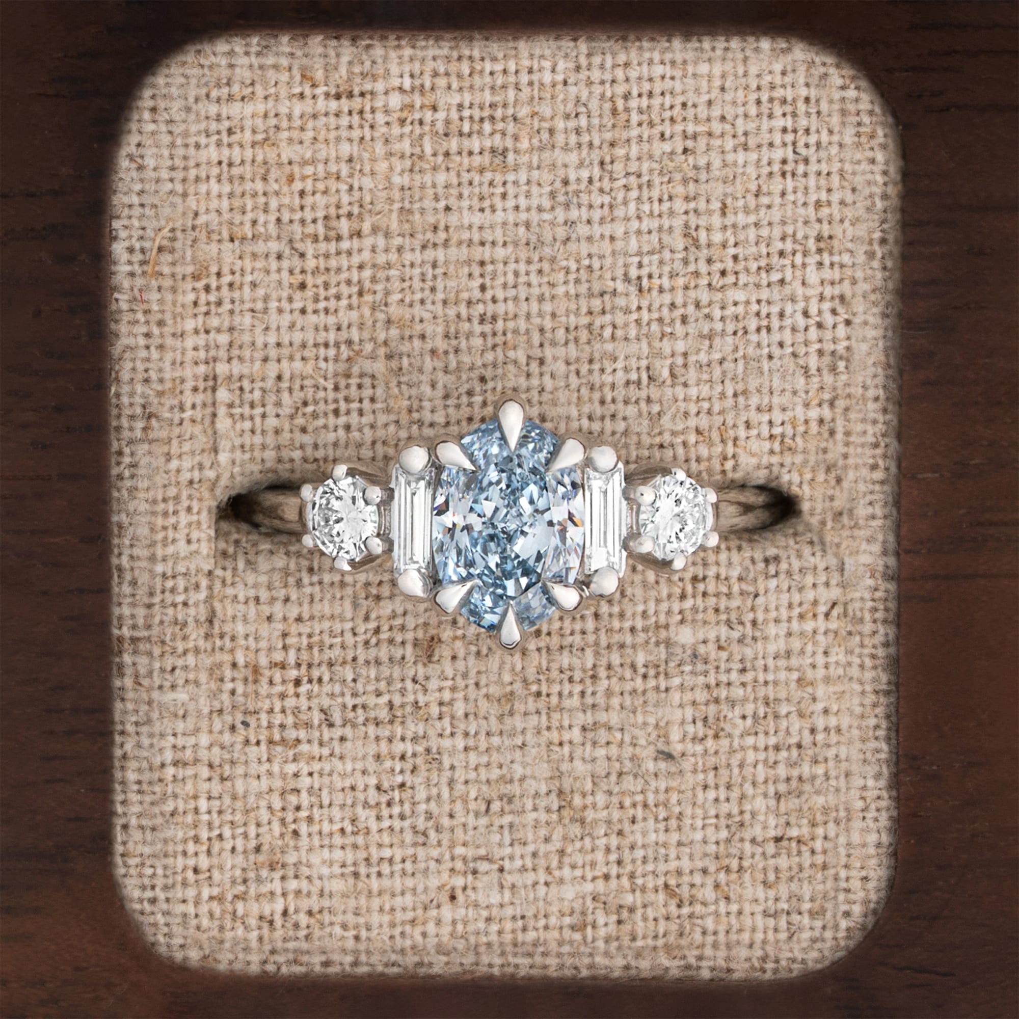 Art deco fancy intense blue diamond ring