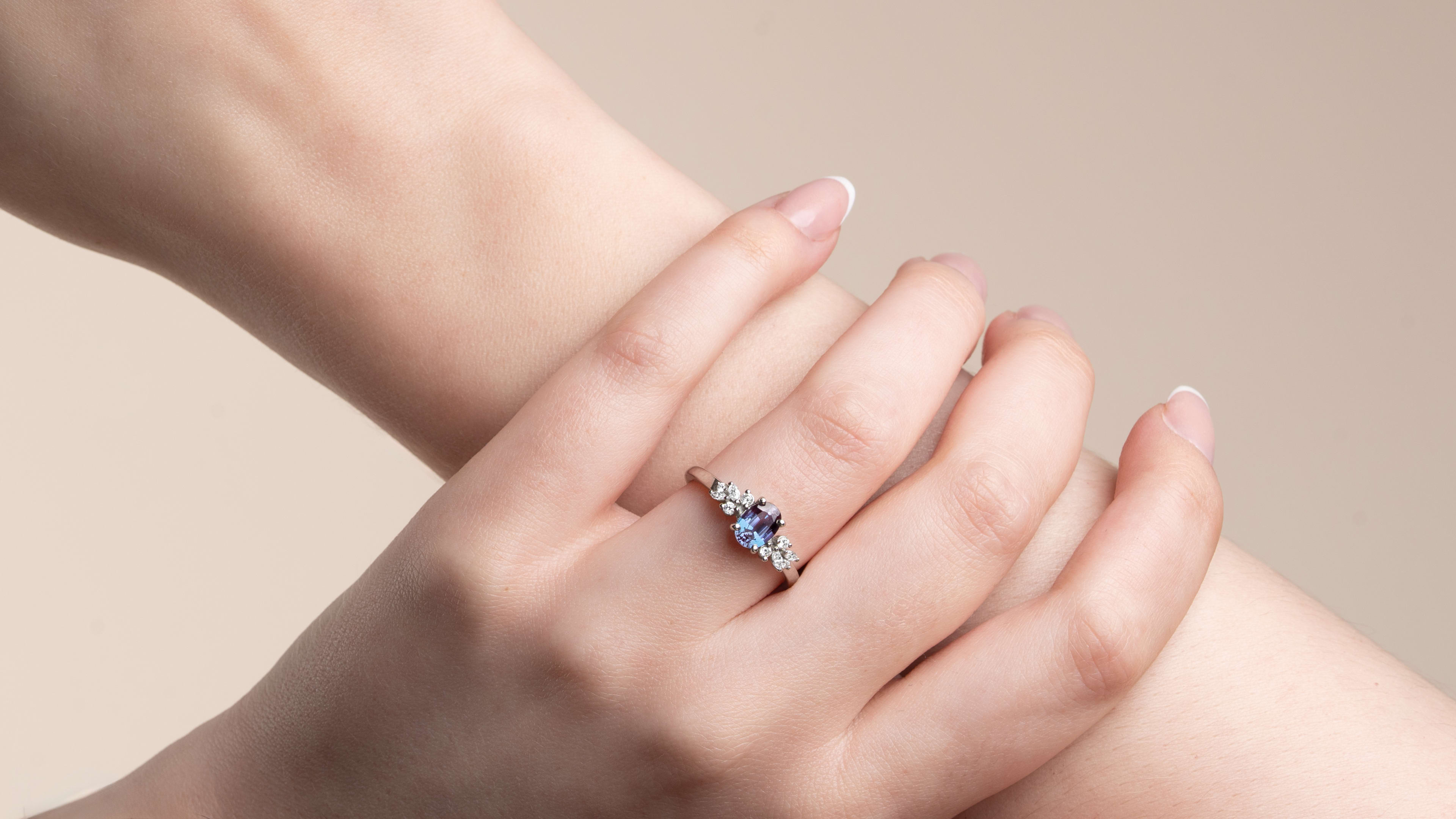 Lab grown alexandrite and diamond floral ring — 4