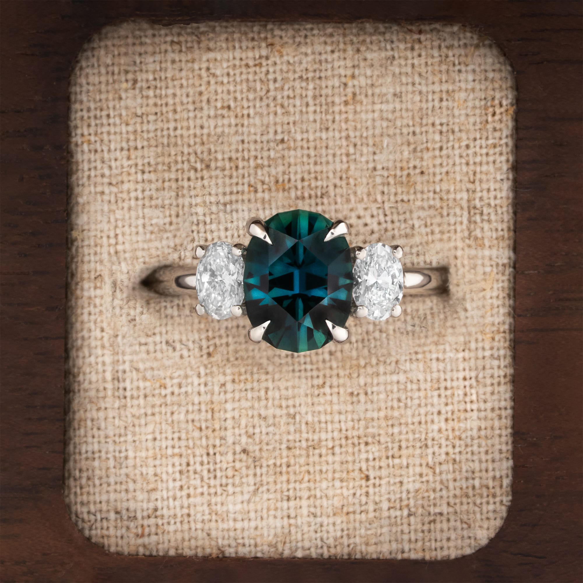 'Midnight Radiance' One of a kind deep teal sapphire and diamond ring