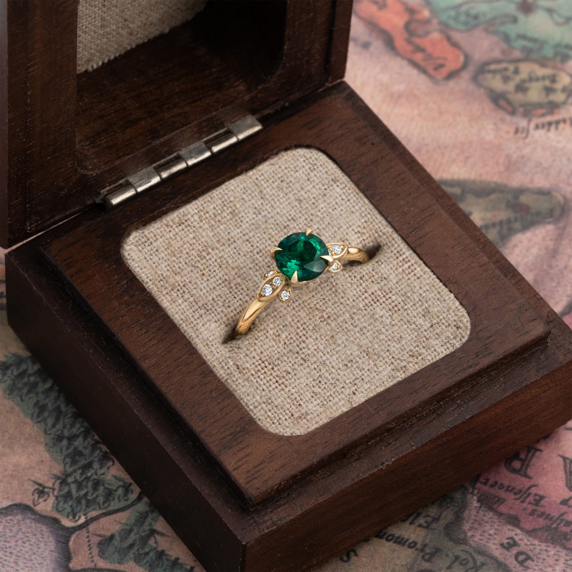 Emerald and diamond floral engagement ring — 2