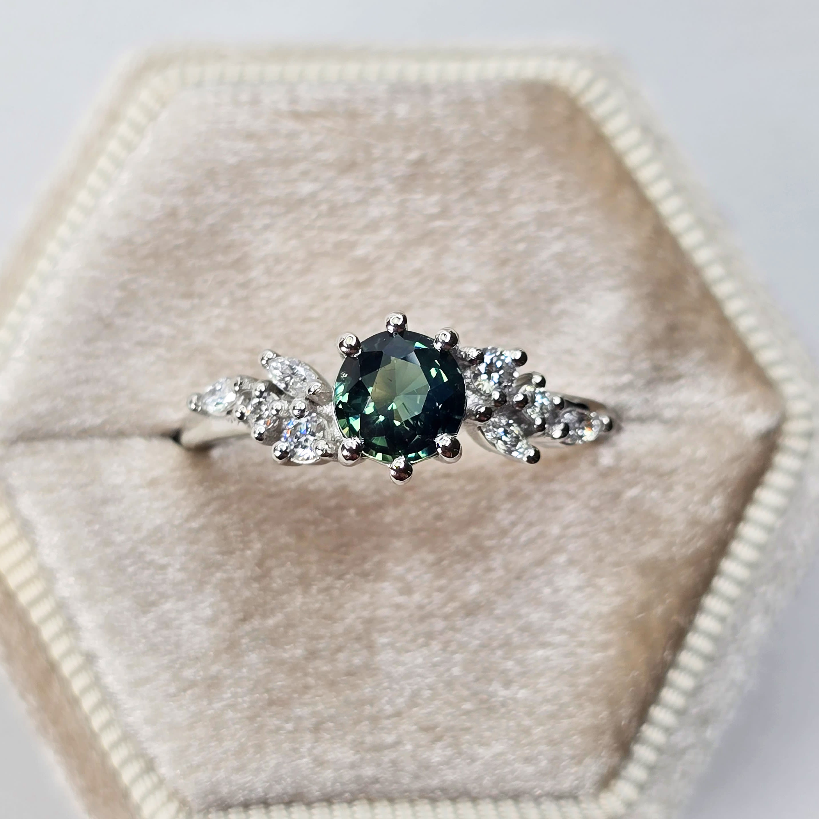 Round teal sapphire and diamond cluster ring product image