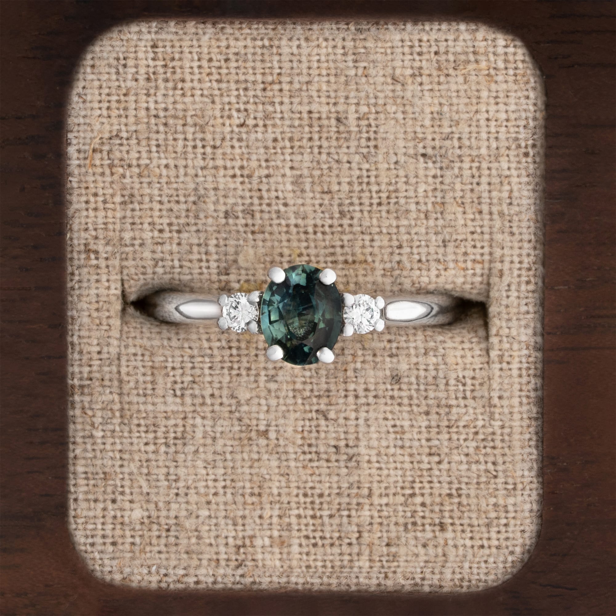 Teal sapphire and diamond ring