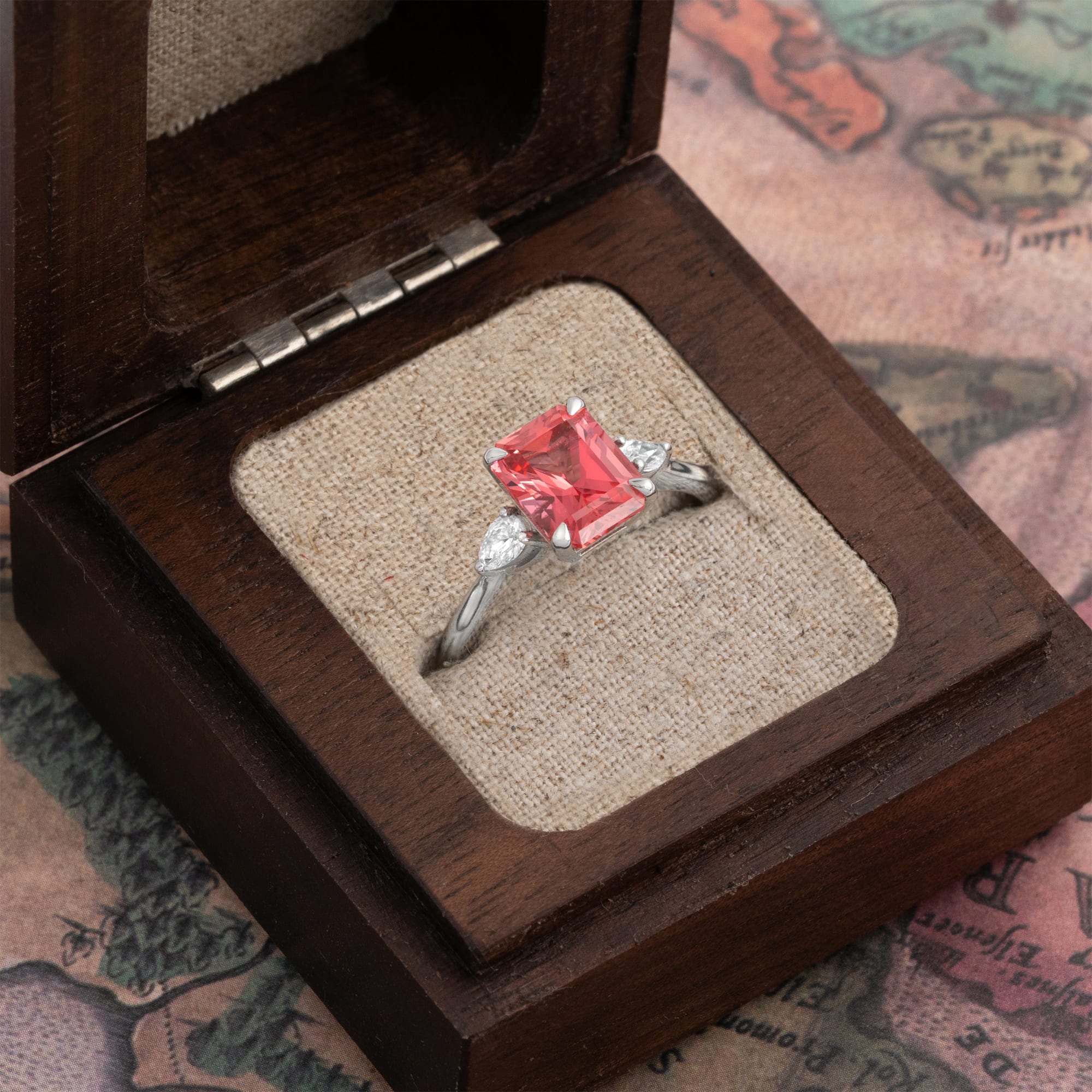 Radiant padparadscha sapphire and diamond trilogy ring — 3