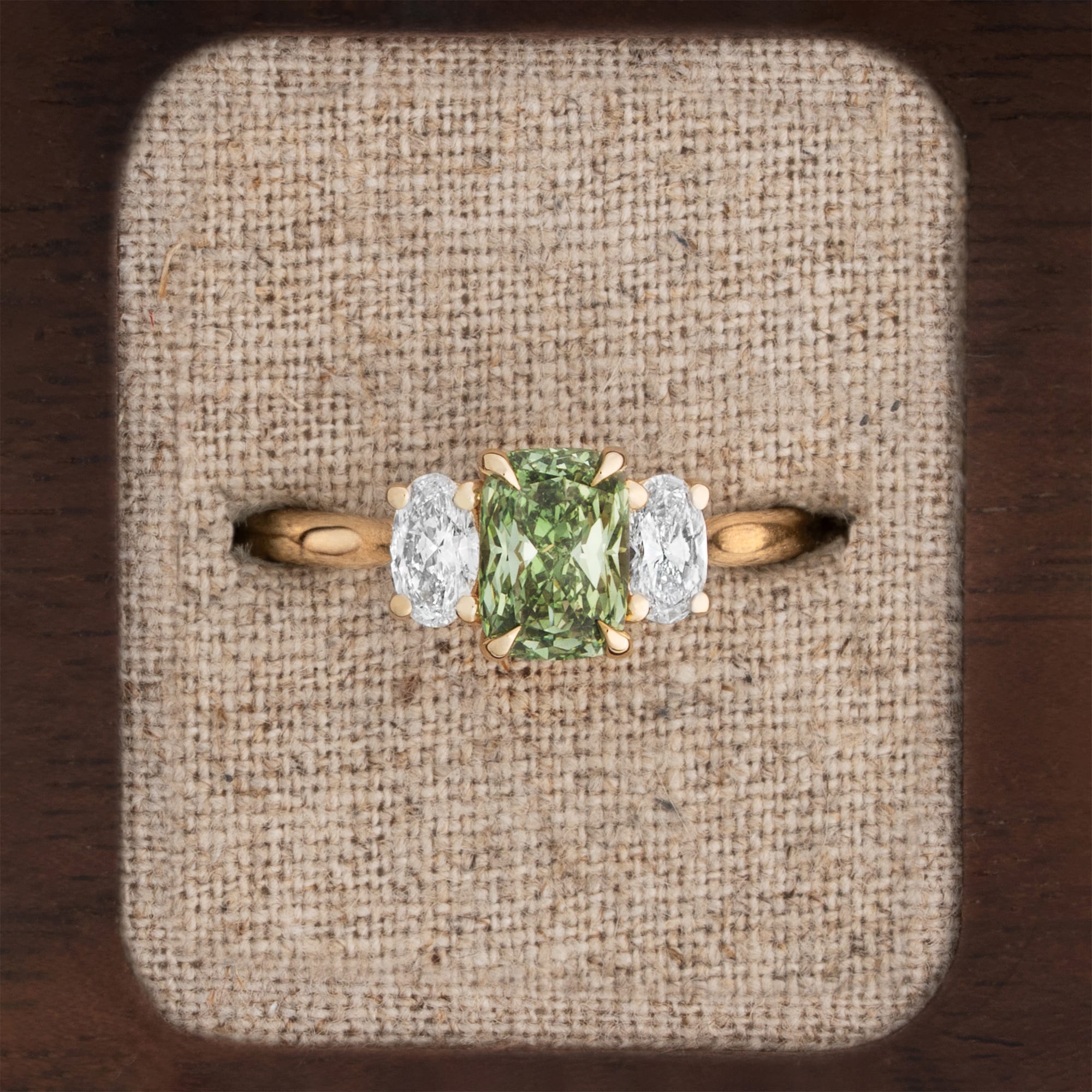 'Felicity' Cushion green diamond trilogy ring