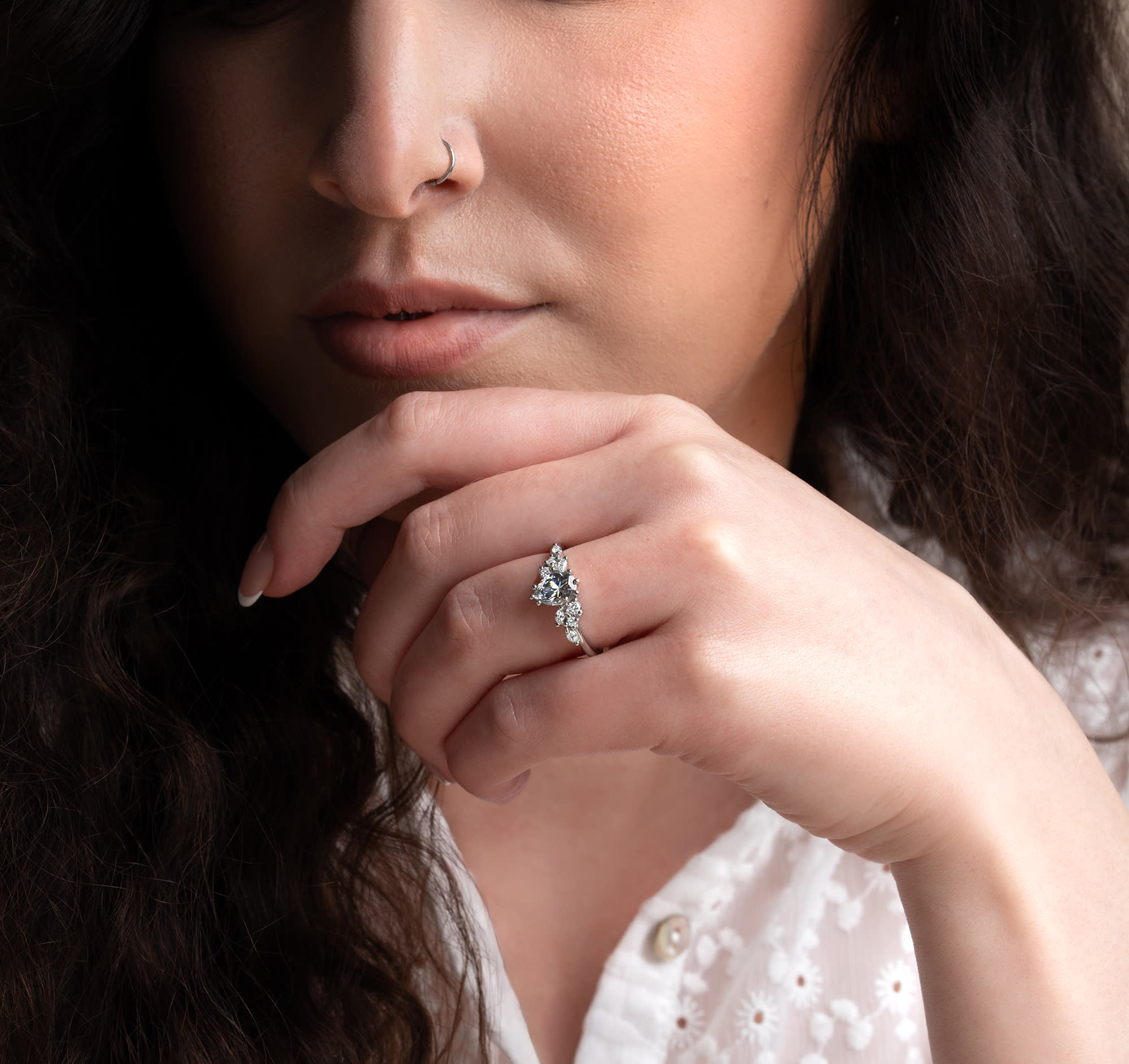 Light grey pear moissanite and diamond floral ring — 2