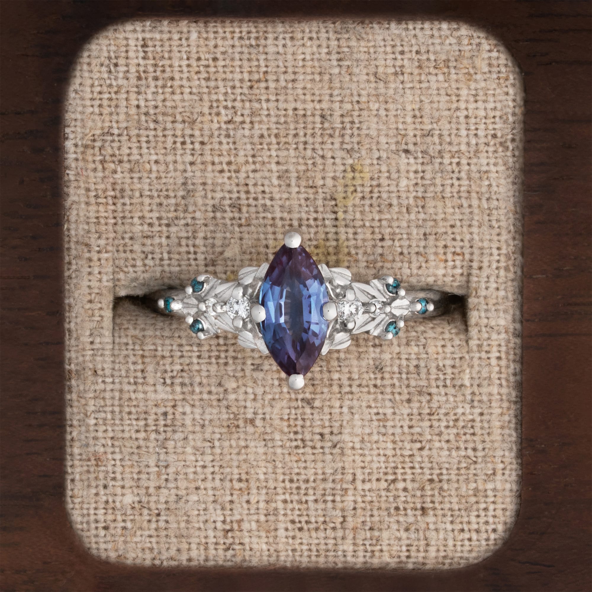 Nature inspired marquise alexandrite and coloured diamond ring