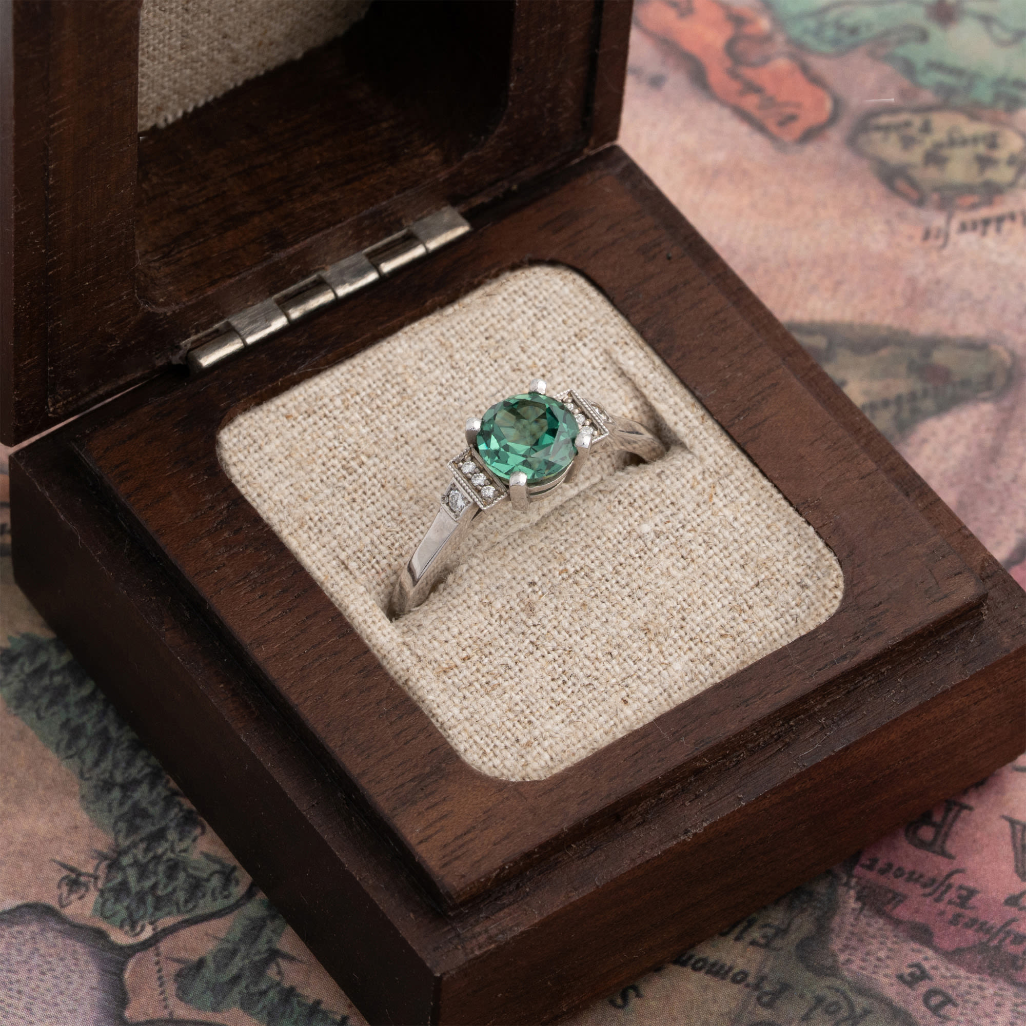 Grown green sapphire and diamond engagement ring — 2