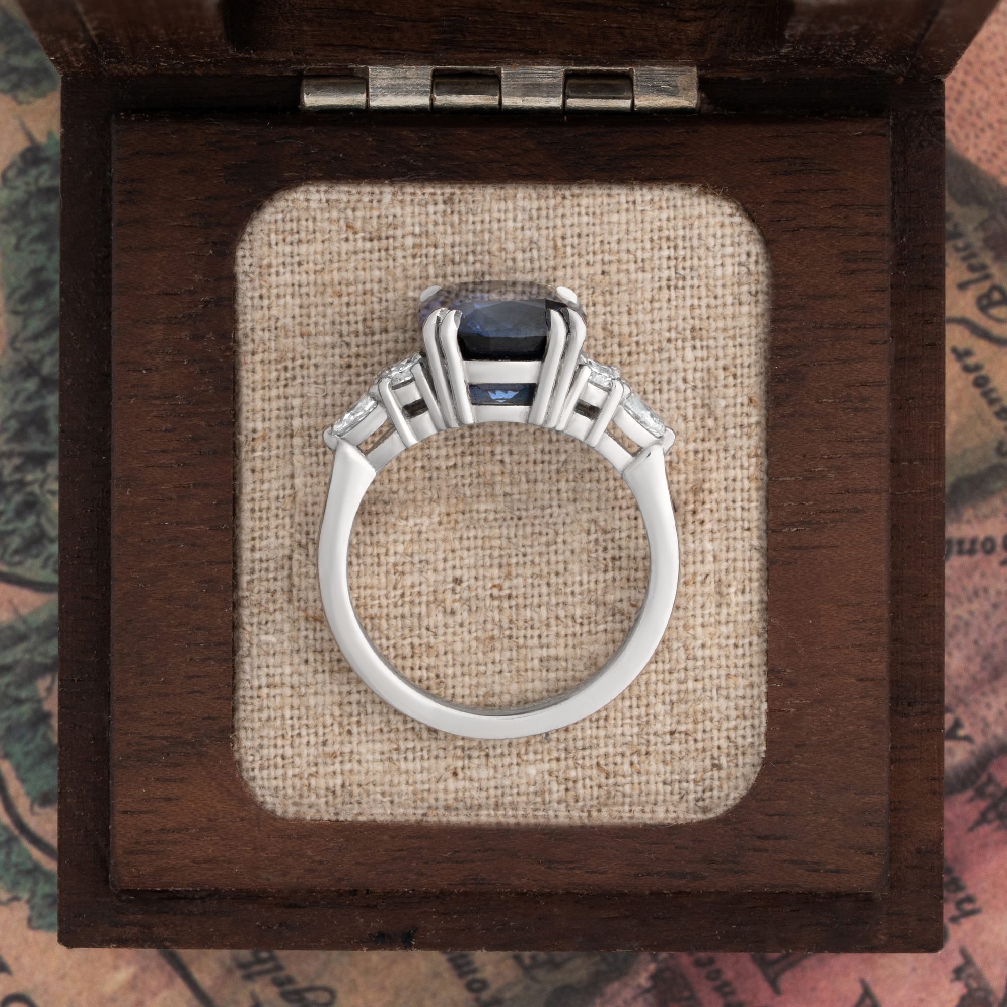 Cushion cut lab grown blue sapphire and diamond ring in platinum — 4