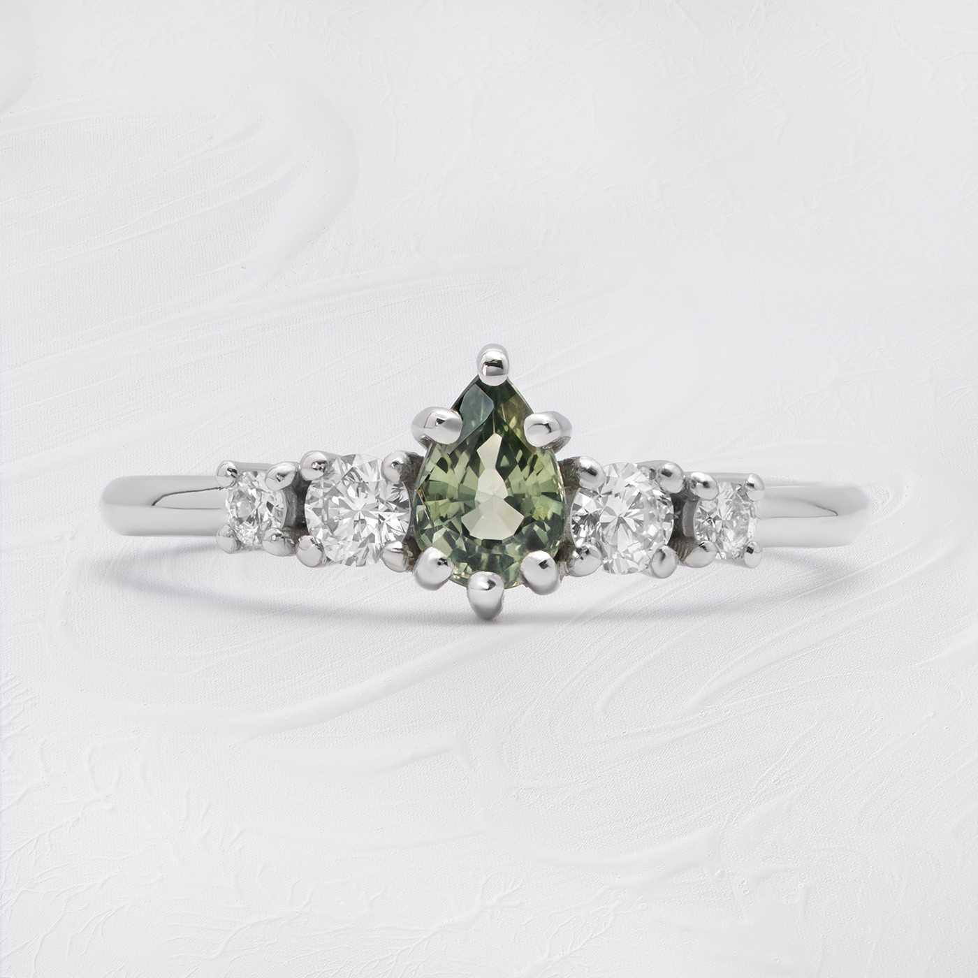 Pear lab grown seafoam green sapphire and diamond 5 stone engagement ring product image