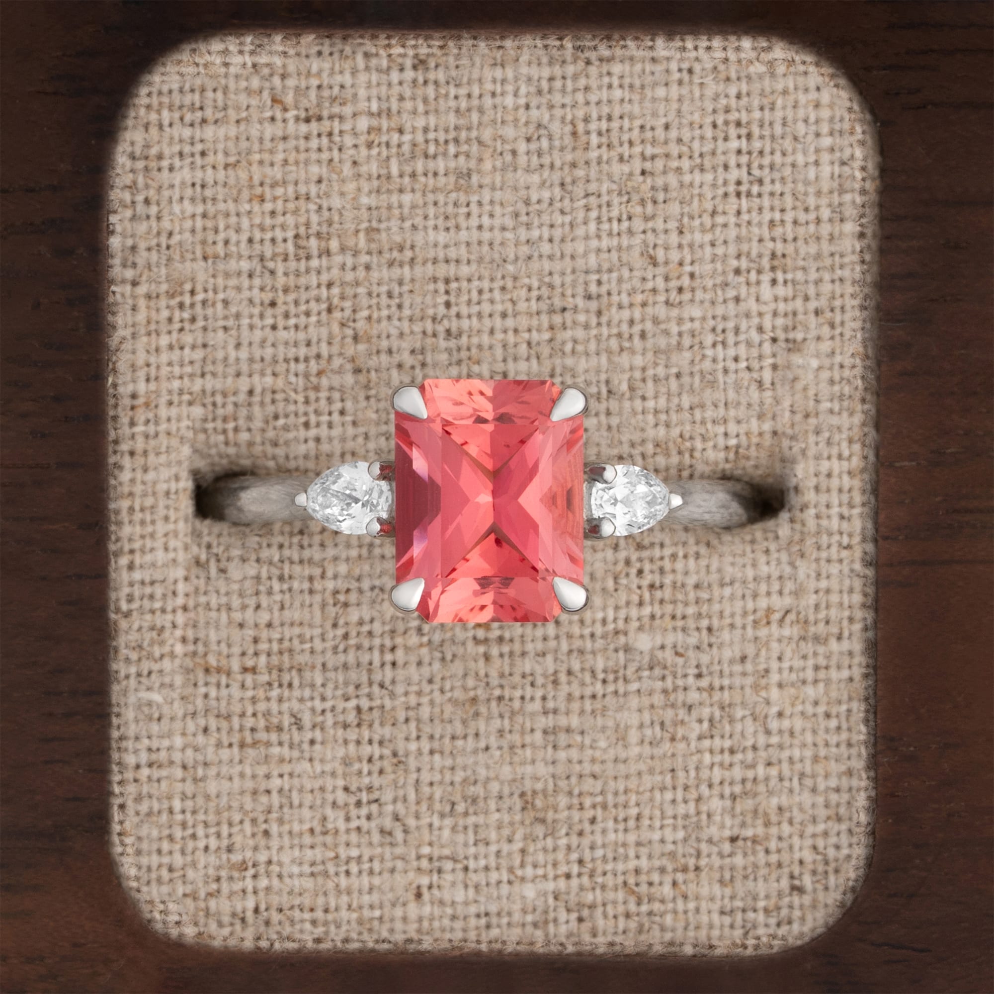 Radiant padparadscha sapphire and diamond trilogy ring — 1