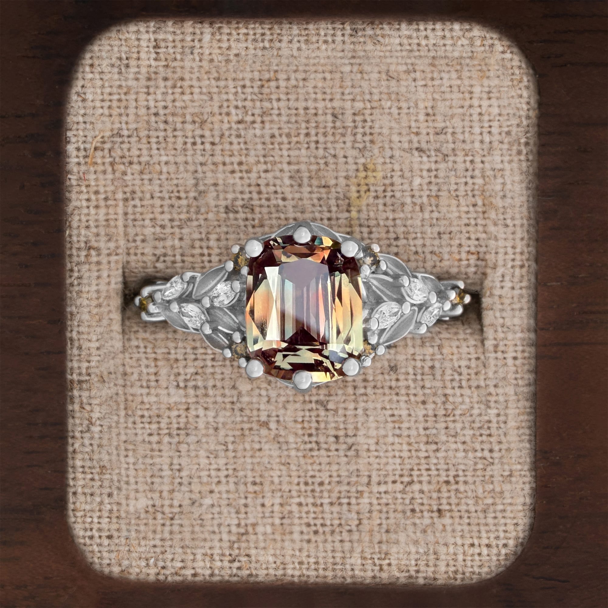'Aurelyn' Unique Cushion cut sapphire and olive diamond ring in platinum 
