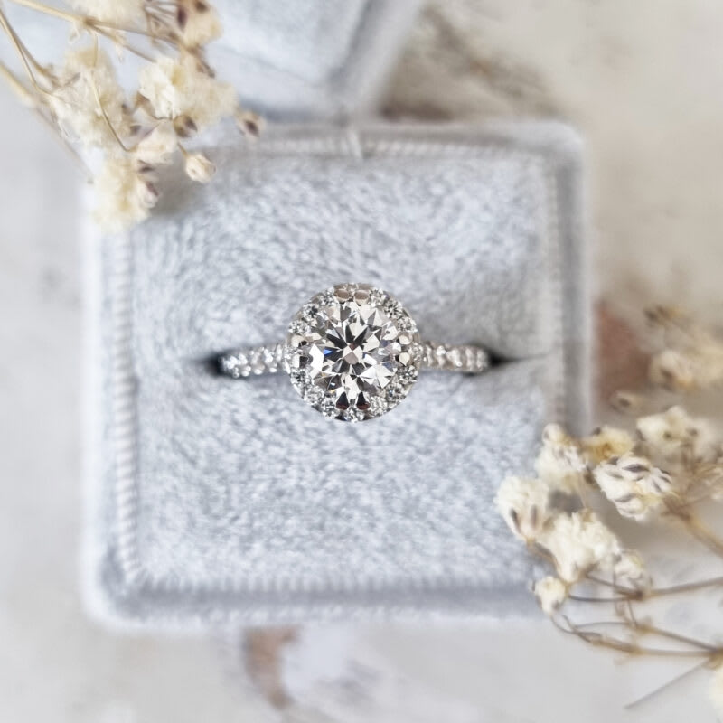 Round cut lab grown diamond halo ring product image