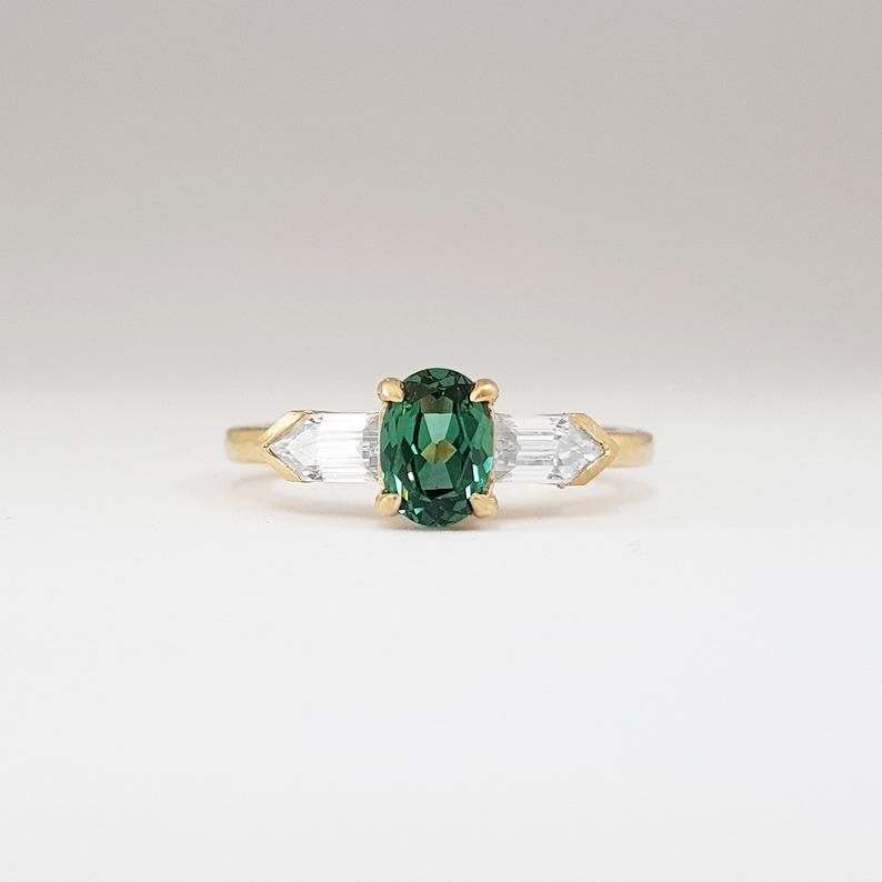 Green sapphire and moissanite trilogy ring product image