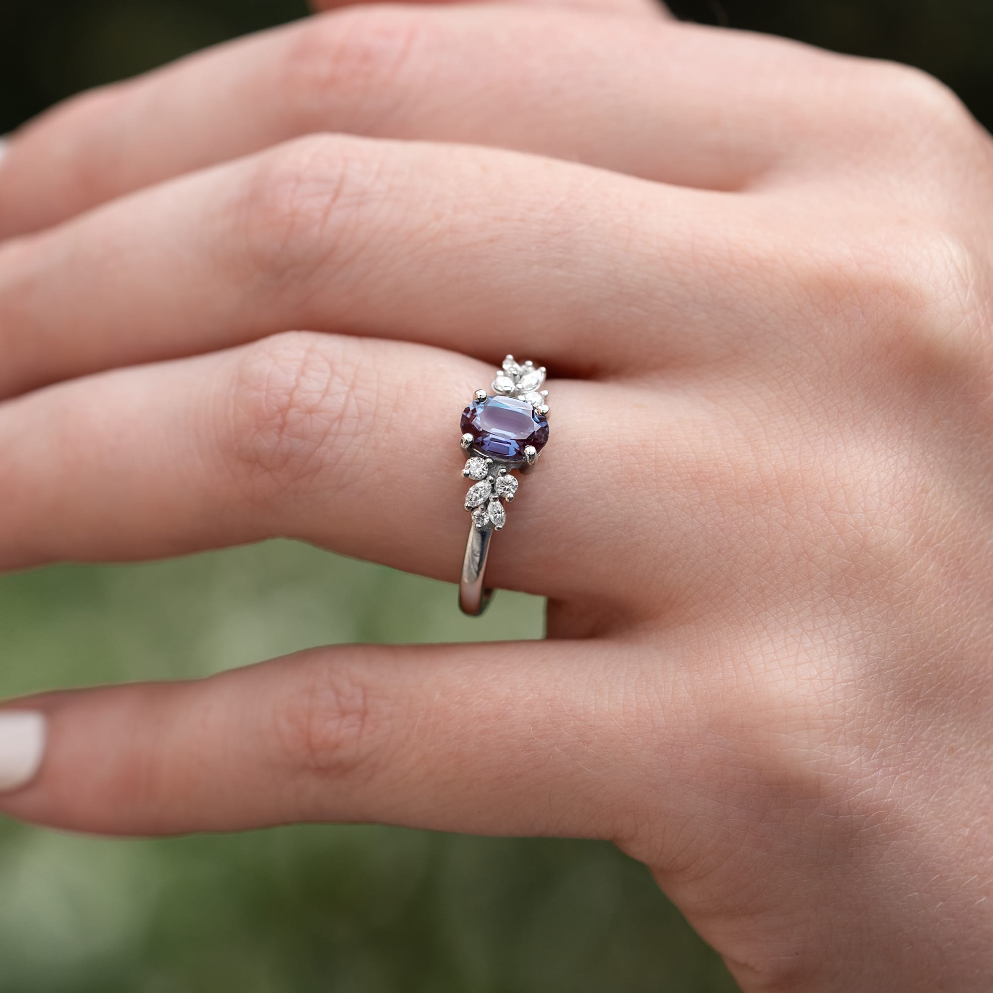 Lab grown alexandrite and diamond floral ring