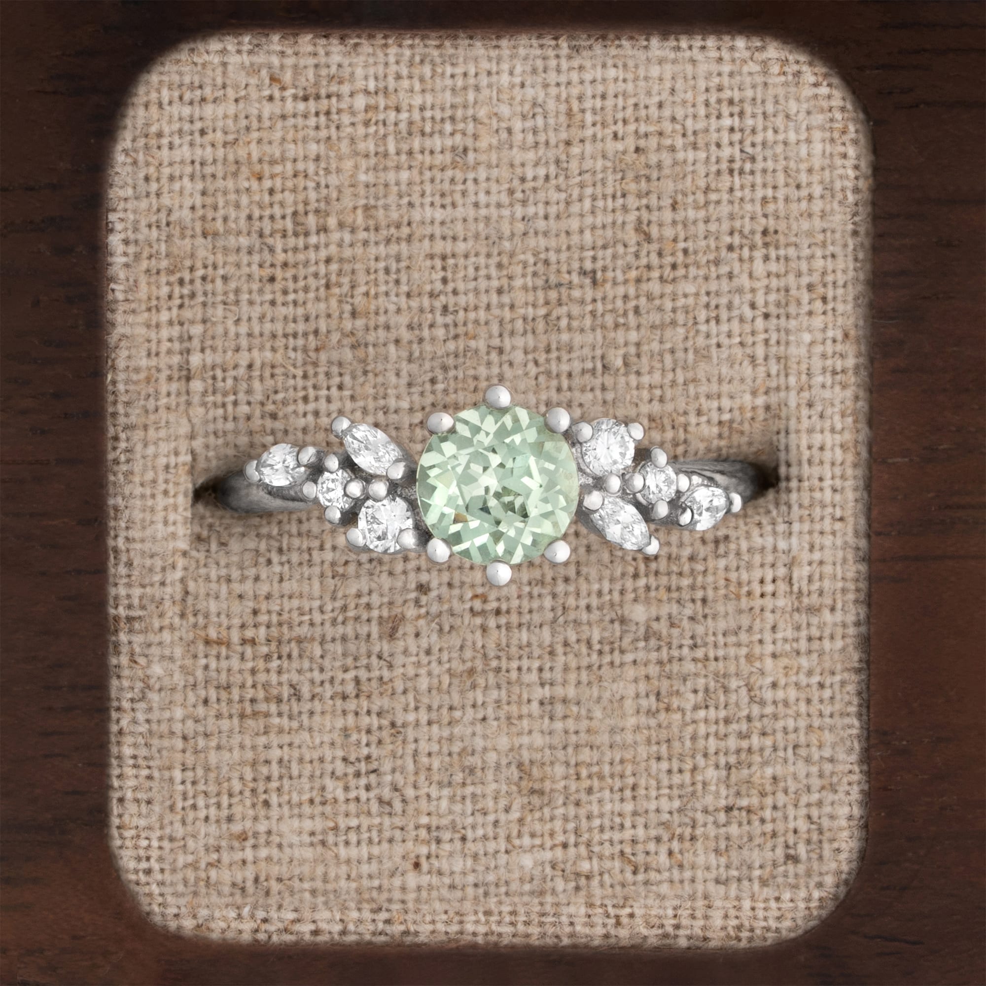 Lab grown seafoam green sapphire and diamond ring — 1