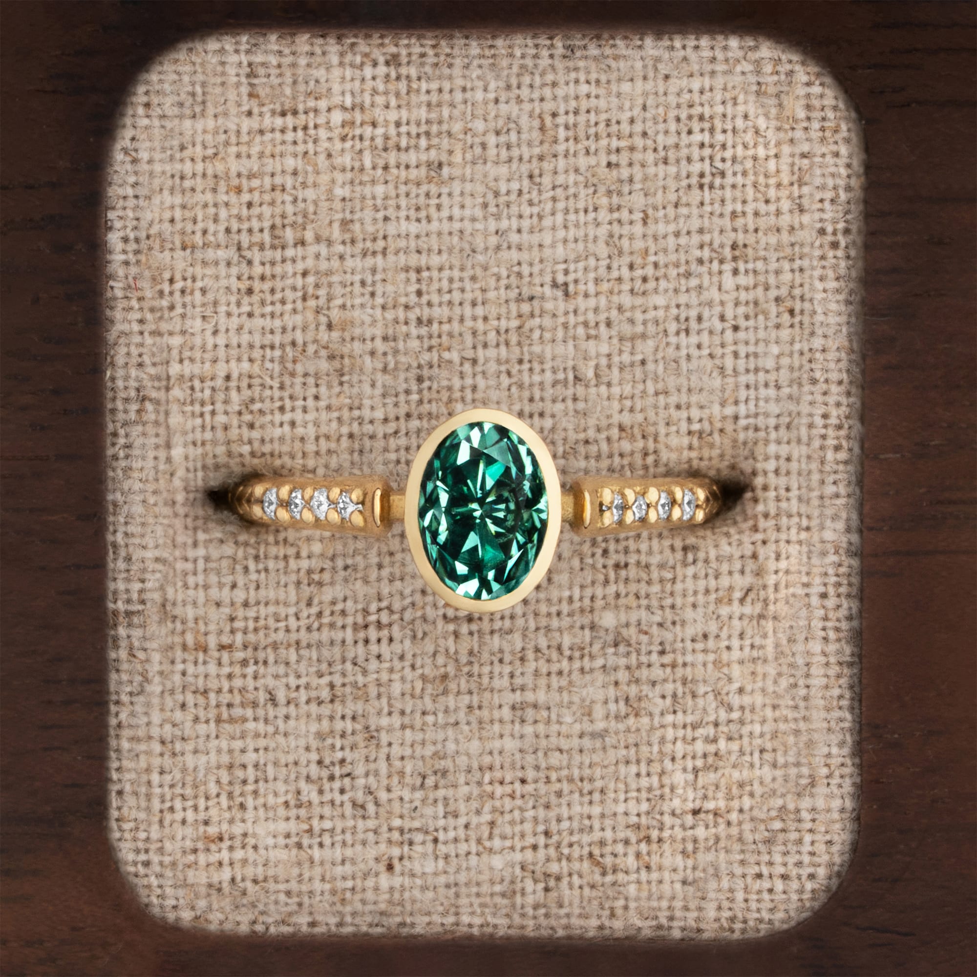Teal green Moissanite and diamond engagement ring — 1