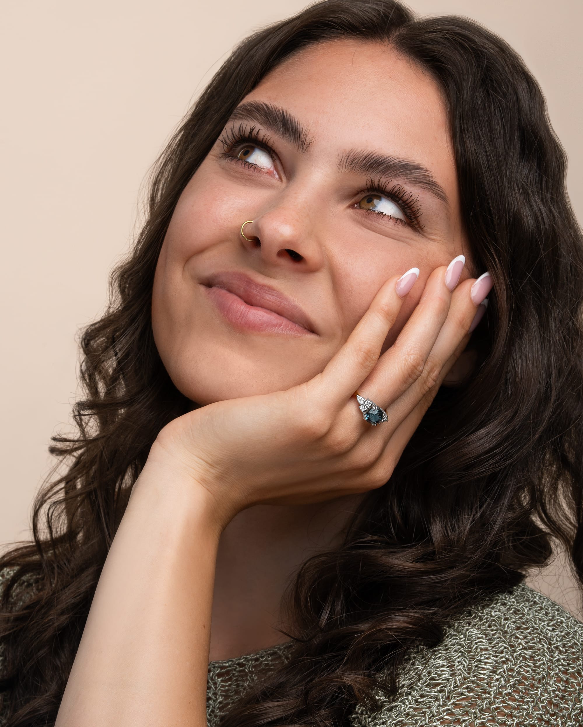 Cushion cut teal sapphire and lab grown diamond ring — 2