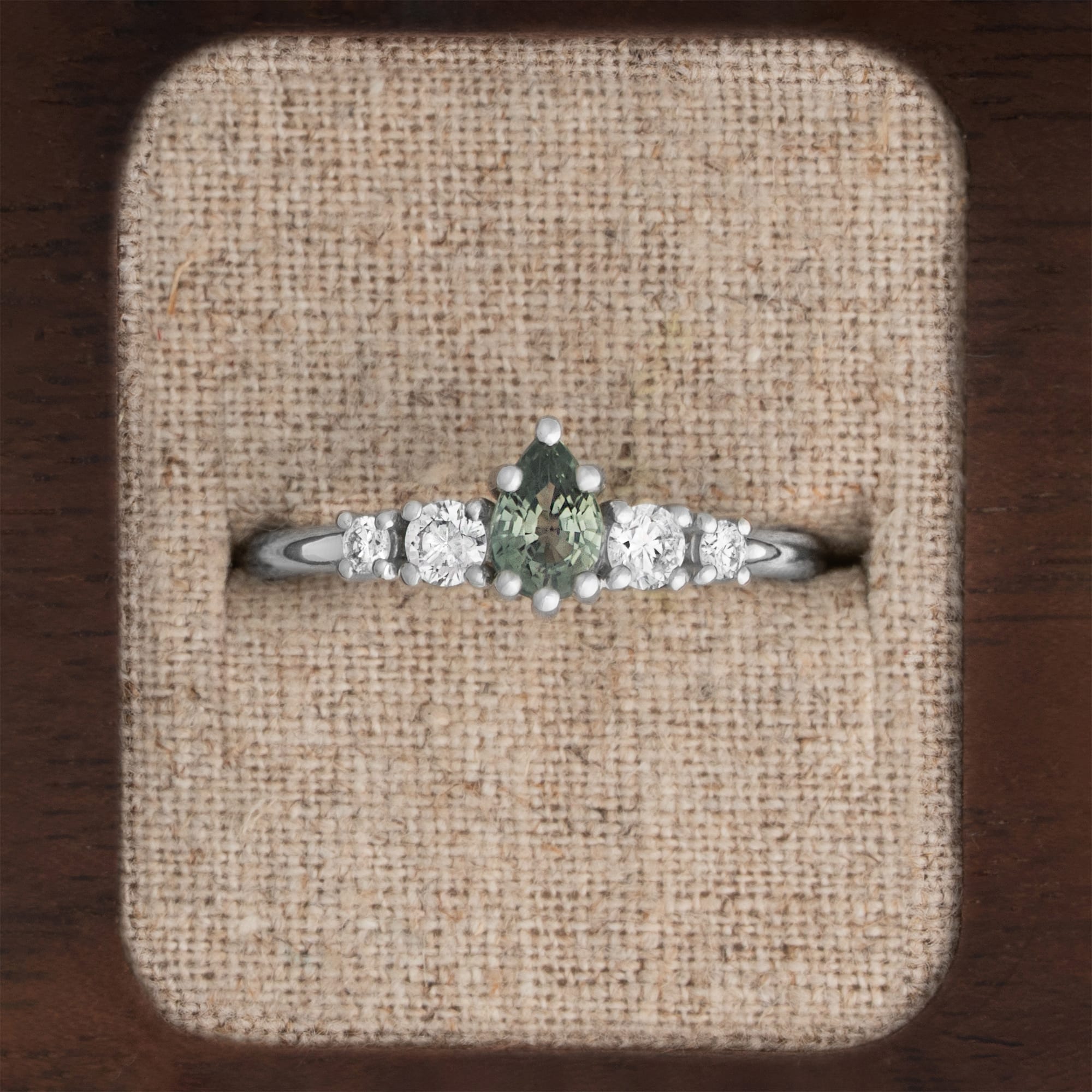 Pear lab grown seafoam green sapphire and diamond 5 stone engagement ring