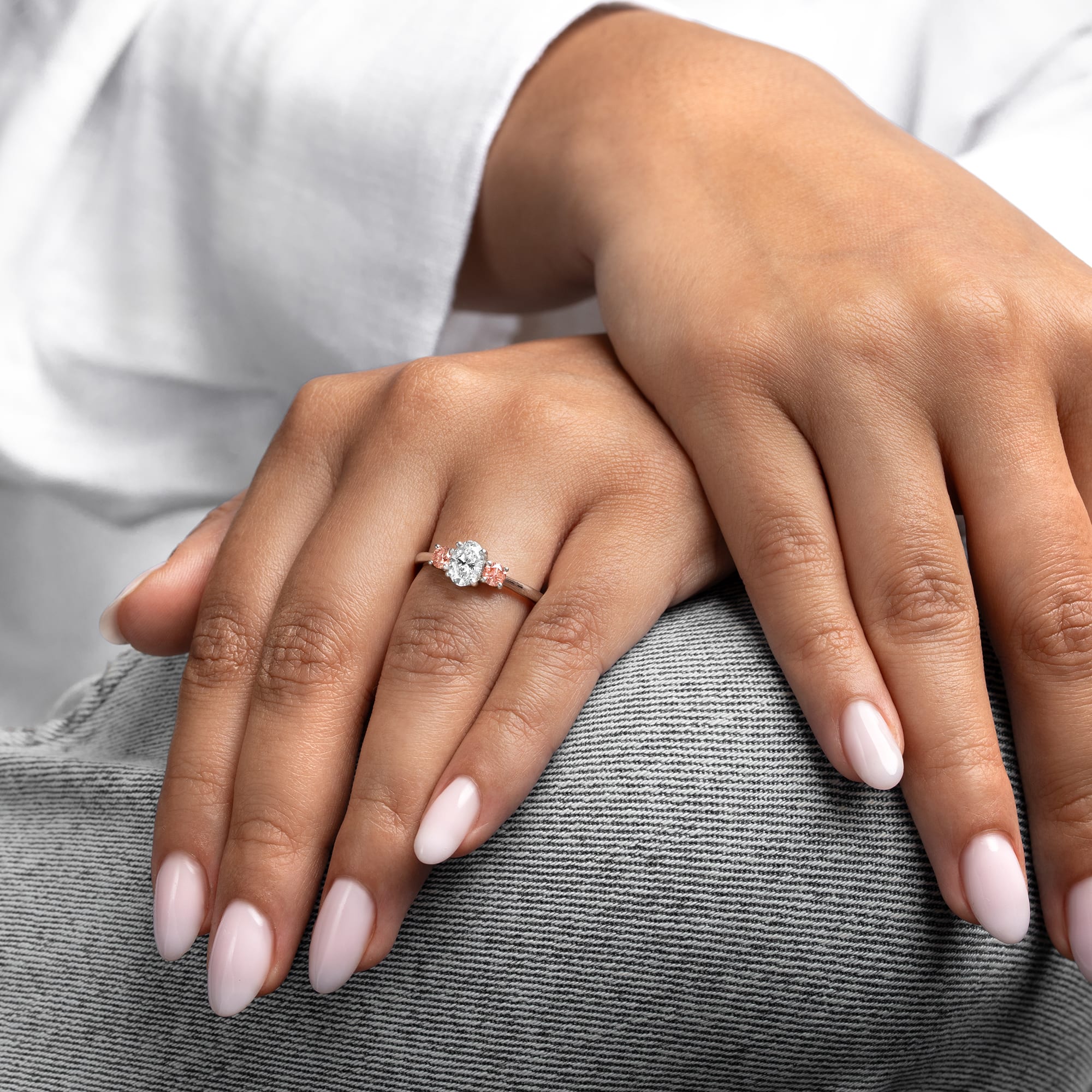 Lab grown champagne pink diamond trilogy ring in platinum — 2