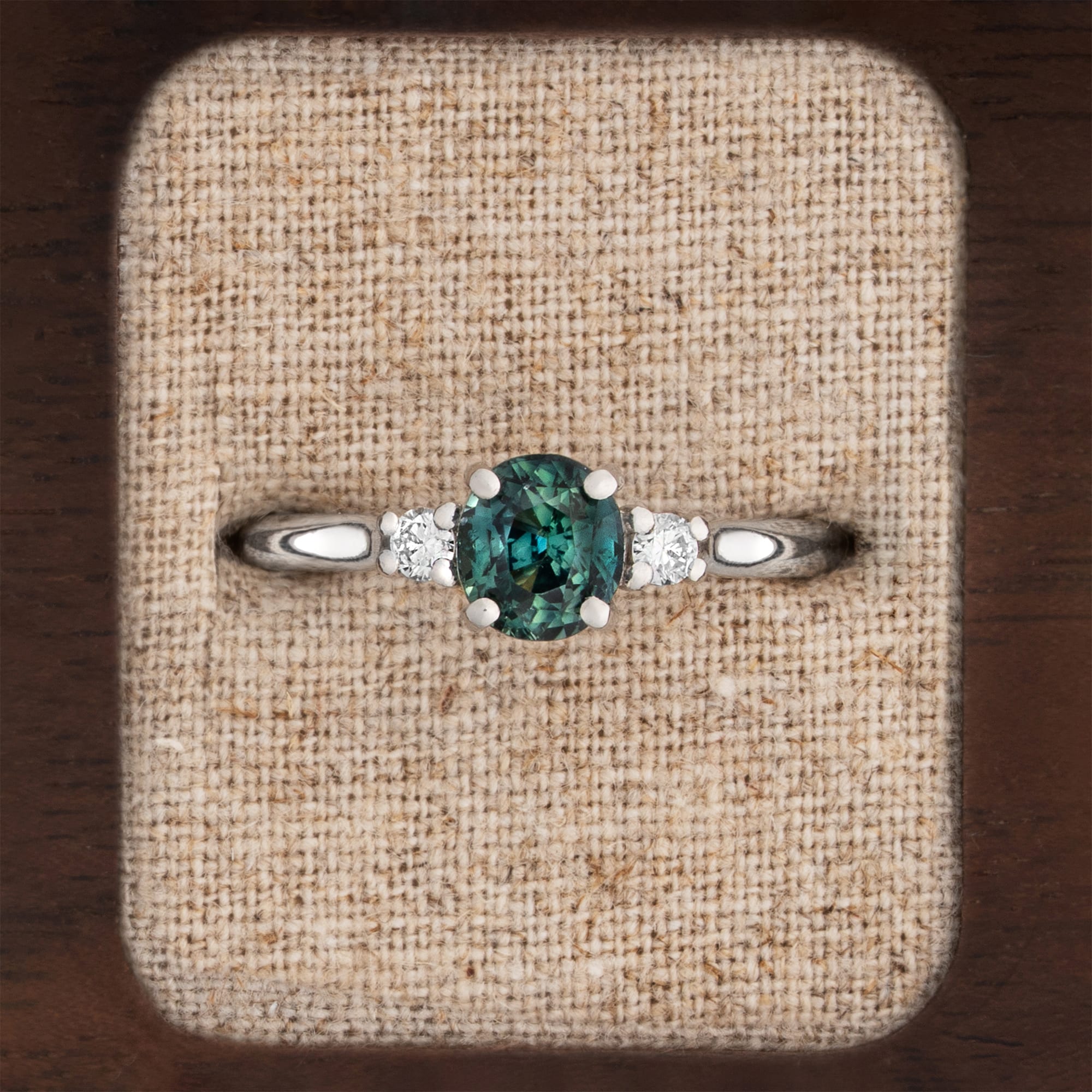 Teal sapphire and diamond ring