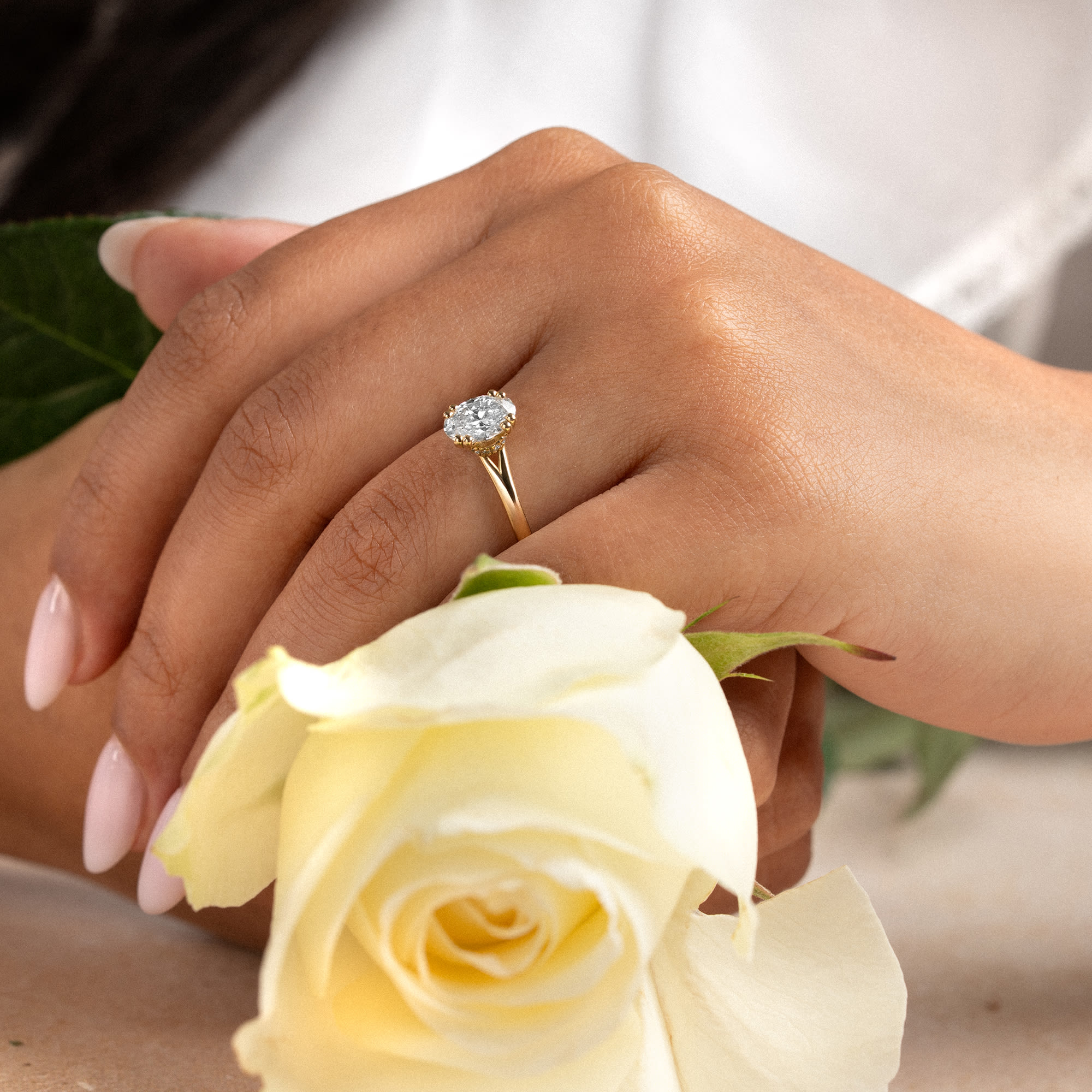 Oval lab grown diamond hidden halo engagement ring - alternate view