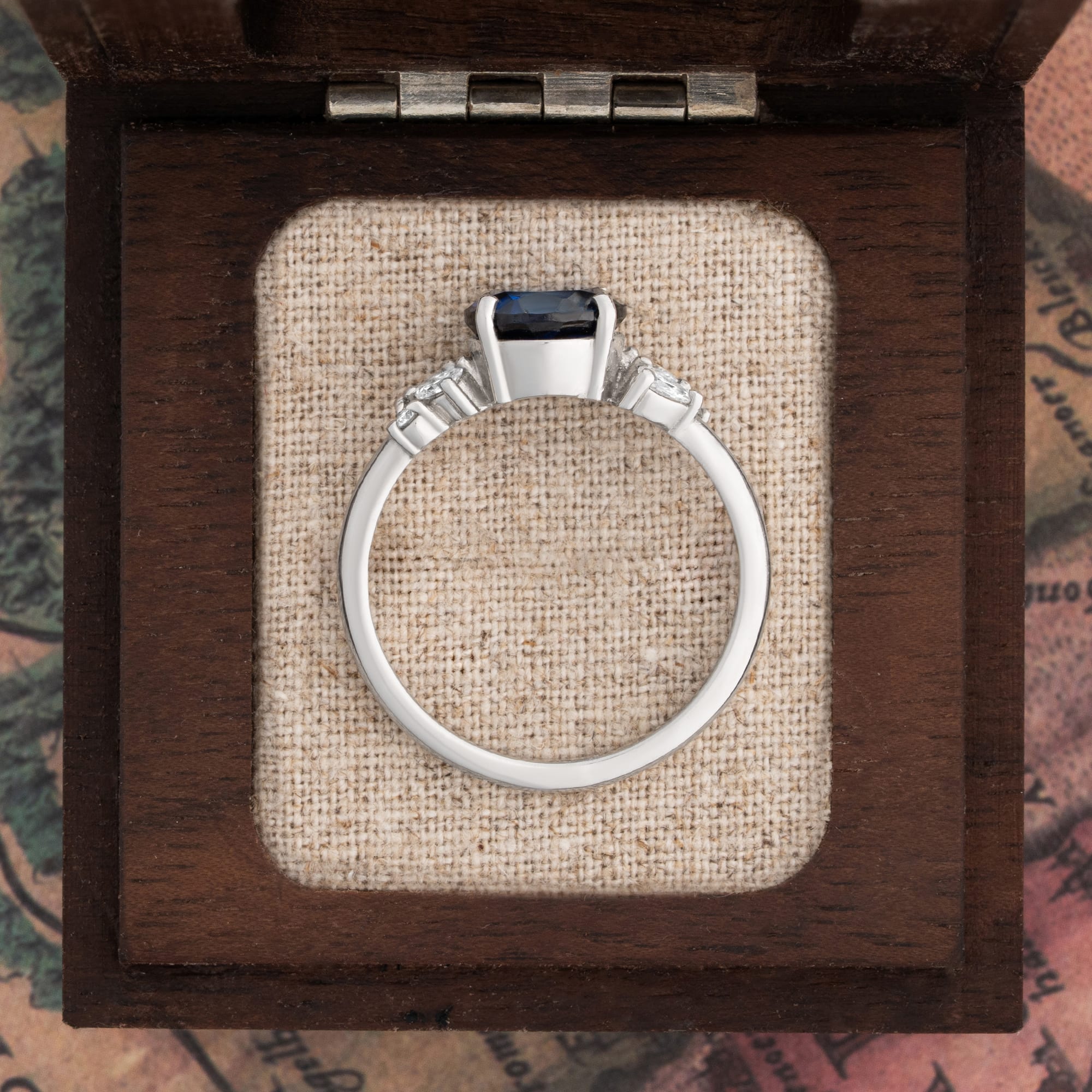 Lab grown blue sapphire and diamond cluster engagement ring — 4