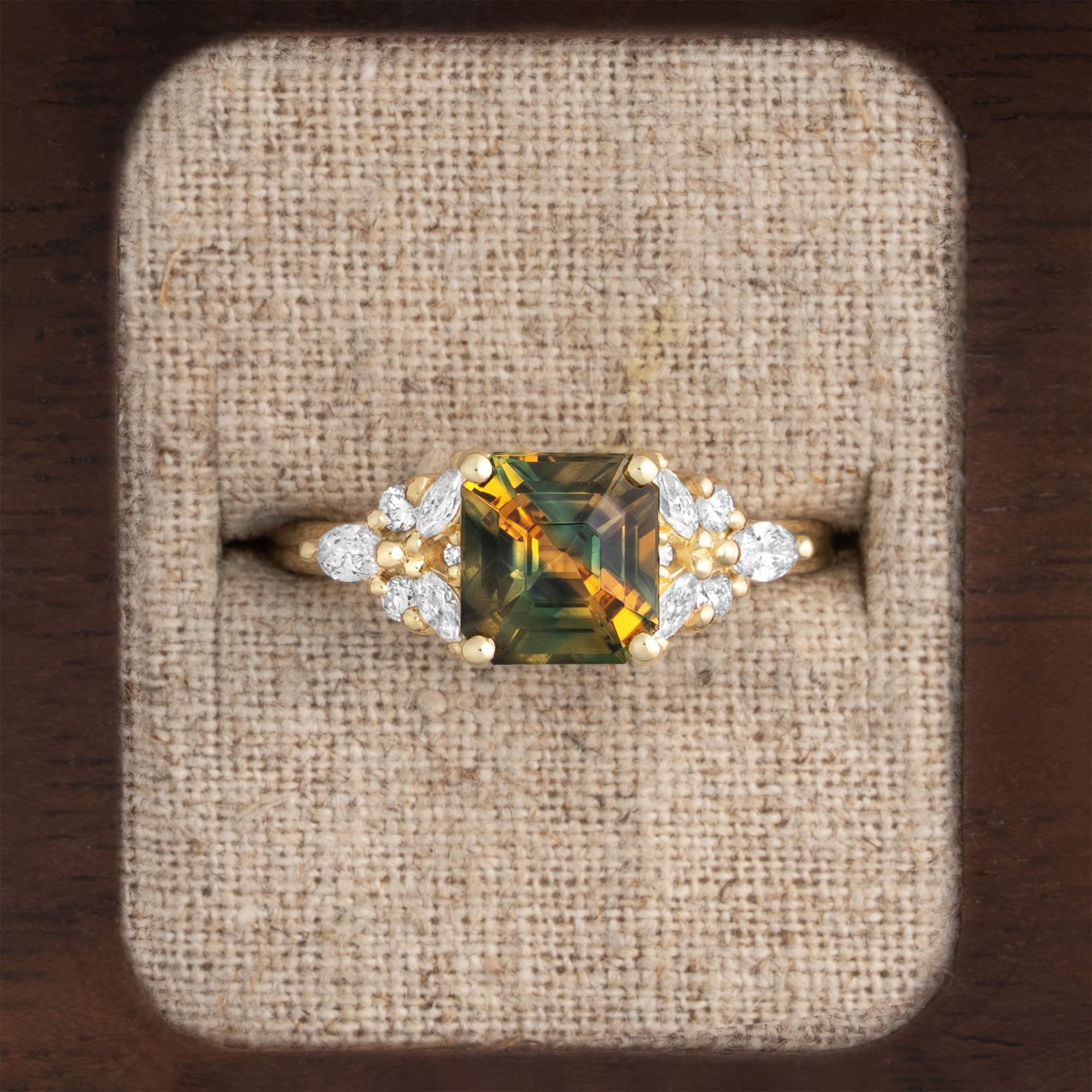 Unique striped parti sapphire and diamond ring