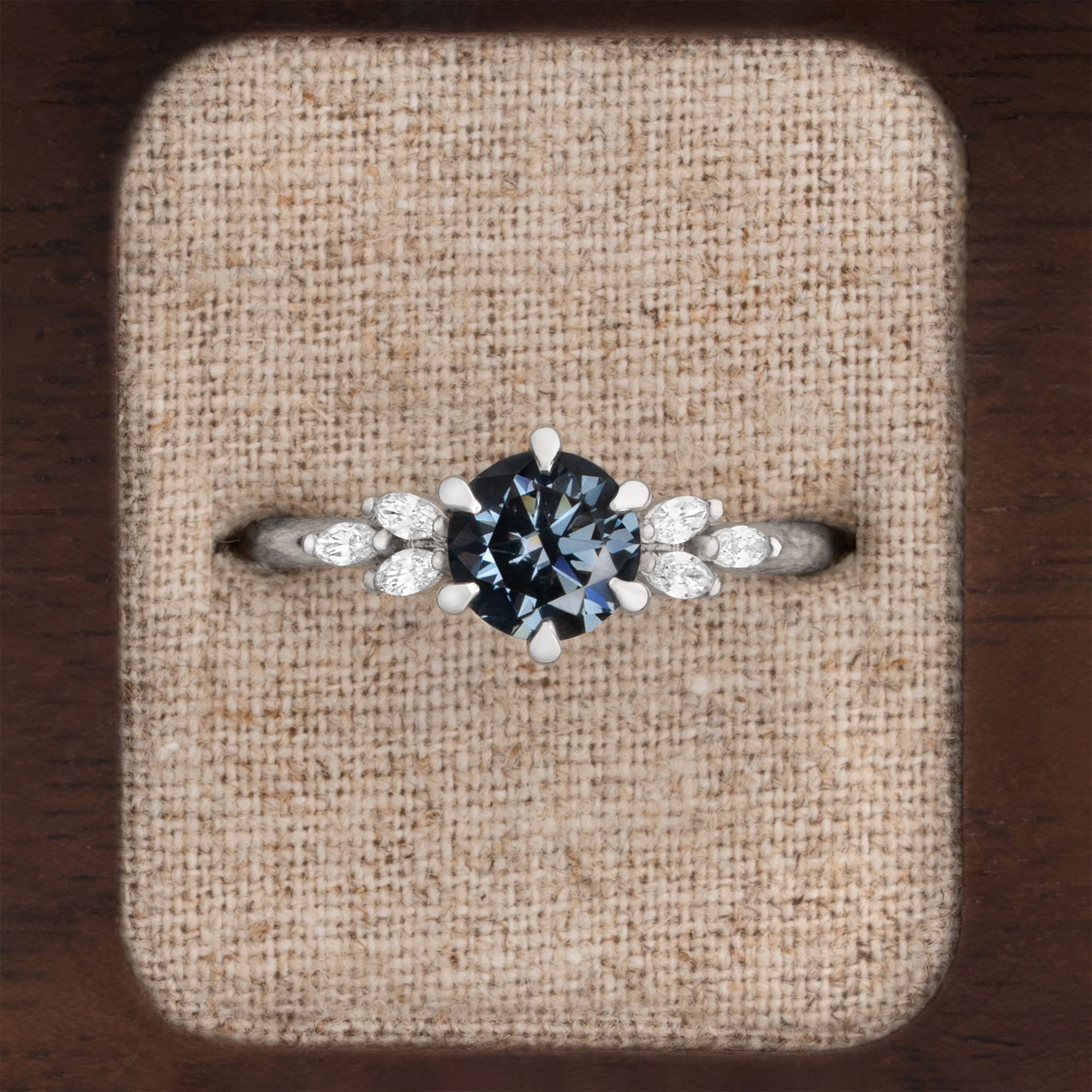 Grey moissanite and diamond cluster engagement ring — 1