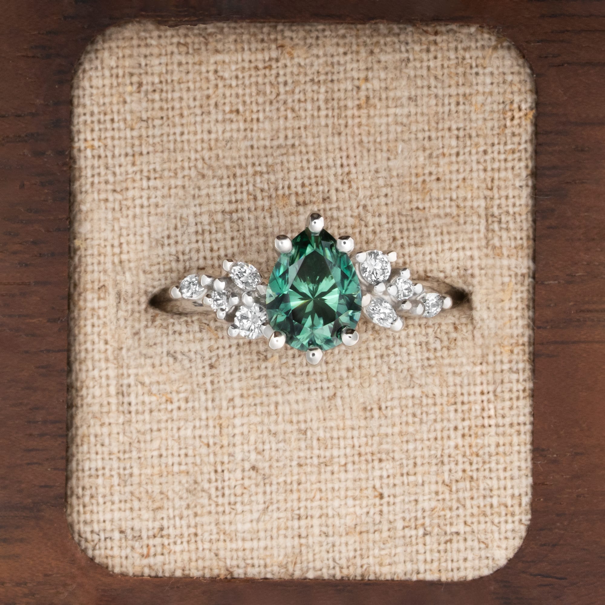 Teal green pear moissanite and diamond floral ring product image